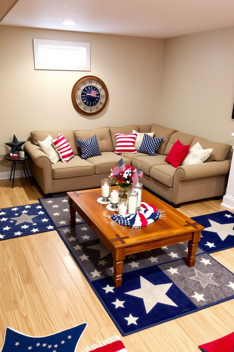 A cozy basement space decorated for Memorial Day. The floor is covered with stars and stripes accent rugs that bring a festive touch to the room. In one corner, a comfortable sectional sofa is adorned with red, white, and blue throw pillows. A wooden coffee table sits in front, topped with a patriotic centerpiece and candles for ambiance.