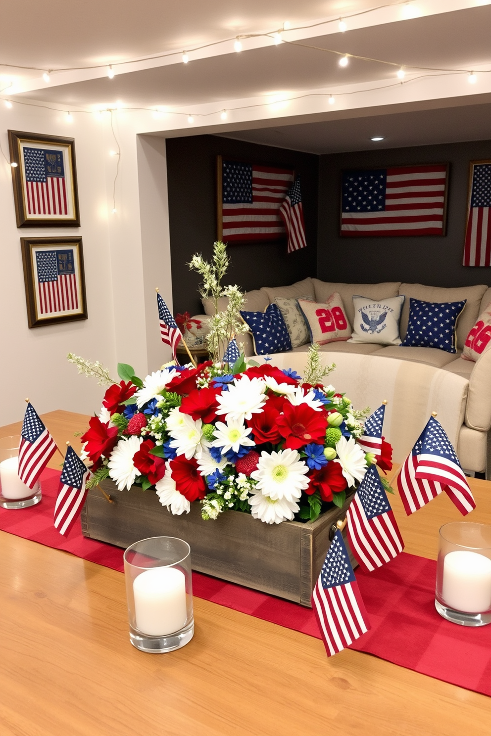 A festive Memorial Day themed table centerpiece featuring a mix of red white and blue flowers arranged in a rustic wooden box. Surrounding the centerpiece are small American flags and candles in glass holders to create a warm inviting atmosphere. A cozy basement decorated for Memorial Day with a comfortable sectional sofa adorned with patriotic throw pillows. The walls are hung with framed vintage American flags and the space is illuminated with string lights for a festive touch.