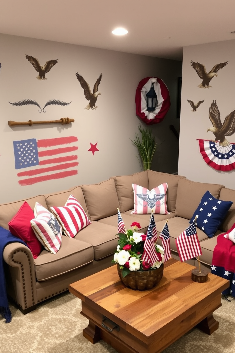 Create a cozy basement space decorated for Memorial Day. The walls are adorned with wall decals featuring American symbols like the flag and eagles, while red, white, and blue accents enhance the patriotic theme. In one corner, a comfortable seating area includes a plush sectional sofa with throw pillows in festive colors. A rustic coffee table holds a centerpiece of flowers and small flags, creating a welcoming atmosphere for gatherings.