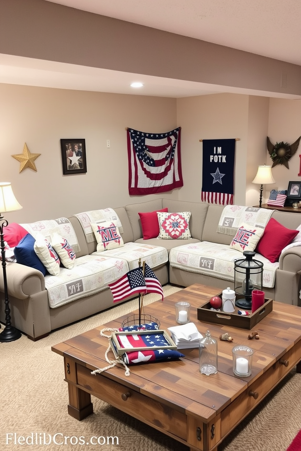 A cozy basement decorated for Memorial Day features a large sectional sofa adorned with quilted throws showcasing Americana designs. The walls are painted in a soft beige, and red, white, and blue accents are scattered throughout the space, including throw pillows and a festive banner. In one corner, a rustic wooden coffee table holds a collection of vintage Americana decor items, such as a small flag and a decorative lantern. Soft lighting from stylish floor lamps creates a warm and inviting atmosphere, perfect for gatherings with family and friends.