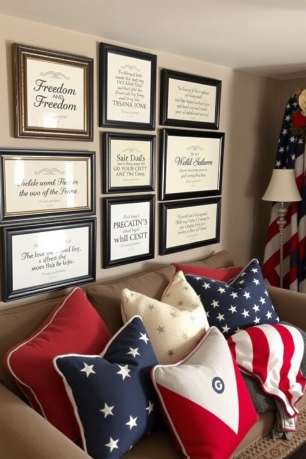 Framed quotes about freedom and patriotism. The wall is adorned with a collection of elegant frames showcasing inspiring quotes, each in a different font and style, creating a gallery effect. Memorial Day Basement Decorating Ideas. The basement features a cozy seating area with patriotic-themed cushions and throws, complemented by red, white, and blue decor elements that evoke a sense of remembrance and celebration.