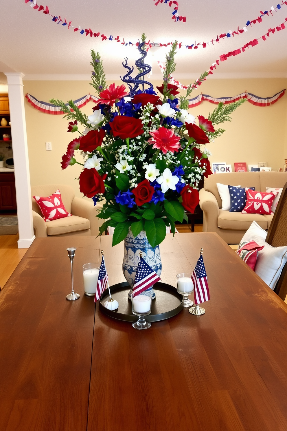 A vibrant arrangement of red white and blue flowers in a decorative vase sits at the center of a rustic wooden table. Surrounding the vase are small American flags and candles, creating a festive atmosphere for Memorial Day celebrations. The basement is transformed into a cozy gathering space with patriotic decor. Red white and blue throw pillows adorn the seating area, and festive garlands hang from the ceiling, enhancing the holiday spirit.