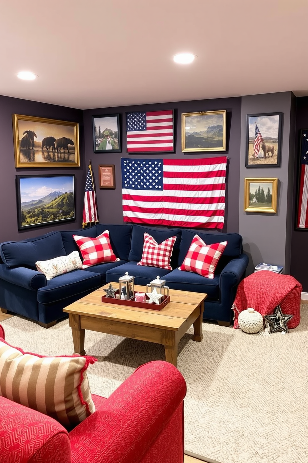 A cozy basement retreat features Americana themed wall art that captures the spirit of patriotism. The walls are adorned with vintage flags and framed photographs of iconic American landscapes, creating a warm and inviting atmosphere. Comfortable seating arrangements include a plush sectional sofa in navy blue, complemented by red and white throw pillows. A rustic wooden coffee table sits at the center, surrounded by decorative elements like stars and stripes accents, enhancing the Memorial Day theme.