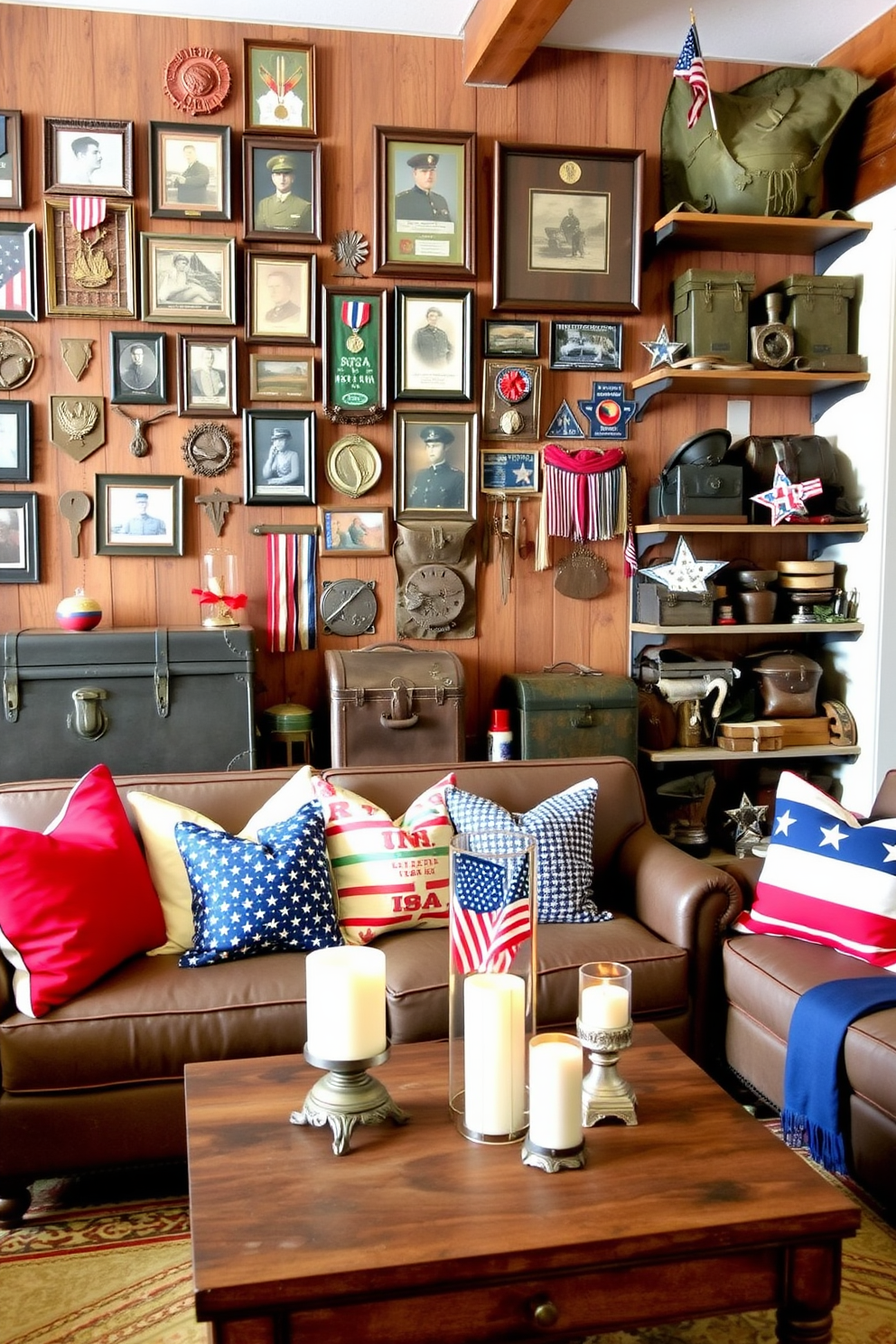 A vintage military memorabilia display featuring framed medals, photographs, and patches arranged on a rustic wooden wall. A collection of antique trunks and military gear is showcased on shelves, creating a nostalgic atmosphere. For Memorial Day basement decorating ideas, the space is adorned with red, white, and blue accents throughout. A cozy seating area includes patriotic throw pillows and a coffee table decorated with themed centerpieces and candles.