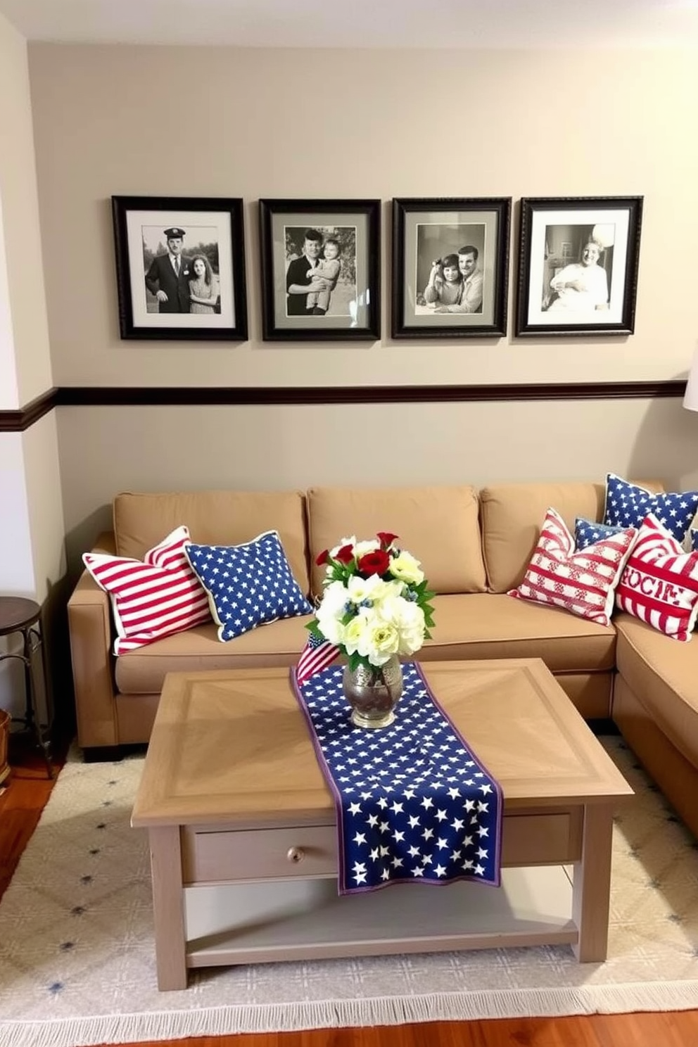 Create a cozy basement space decorated for Memorial Day. The seating area features patriotic themed cushions in red white and blue patterns, arranged on a comfortable sectional sofa. Incorporate a large coffee table in the center adorned with a festive table runner and a vase of fresh flowers. The walls are painted in a soft neutral tone, and framed photographs of past Memorial Day celebrations hang above the sofa.