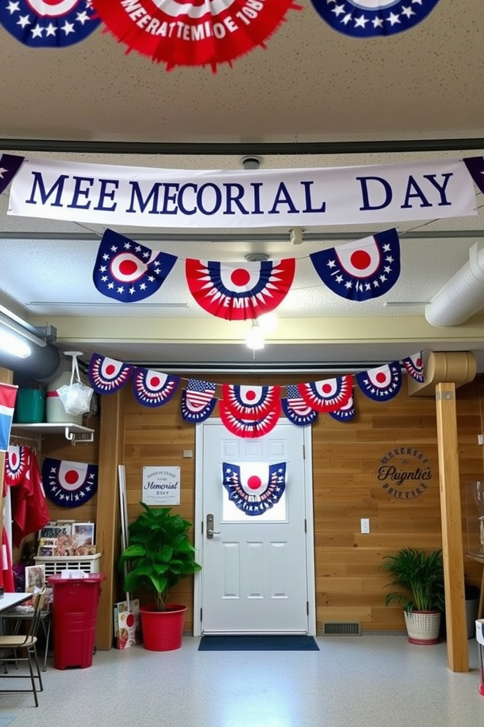 A festive basement setting adorned with seasonal banners celebrating Memorial Day. The banners feature red white and blue colors and patriotic symbols creating a cheerful atmosphere.