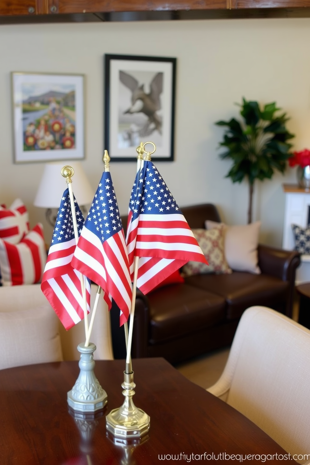 Tabletop flags in decorative holders. The flags are vibrant and arranged in various sizes, creating a festive atmosphere. Memorial Day basement decorating ideas. The space features red, white, and blue accents, with comfortable seating and patriotic-themed decor.