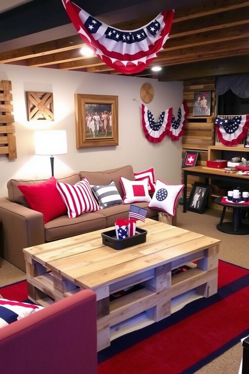 A creative living space that showcases the innovative use of old wooden pallets. The walls are adorned with pallet art, and a rustic coffee table made from pallets serves as the centerpiece. For Memorial Day, the basement is decorated in a patriotic theme. Red, white, and blue accents are incorporated through cushions, banners, and tableware, creating a festive atmosphere for gatherings.