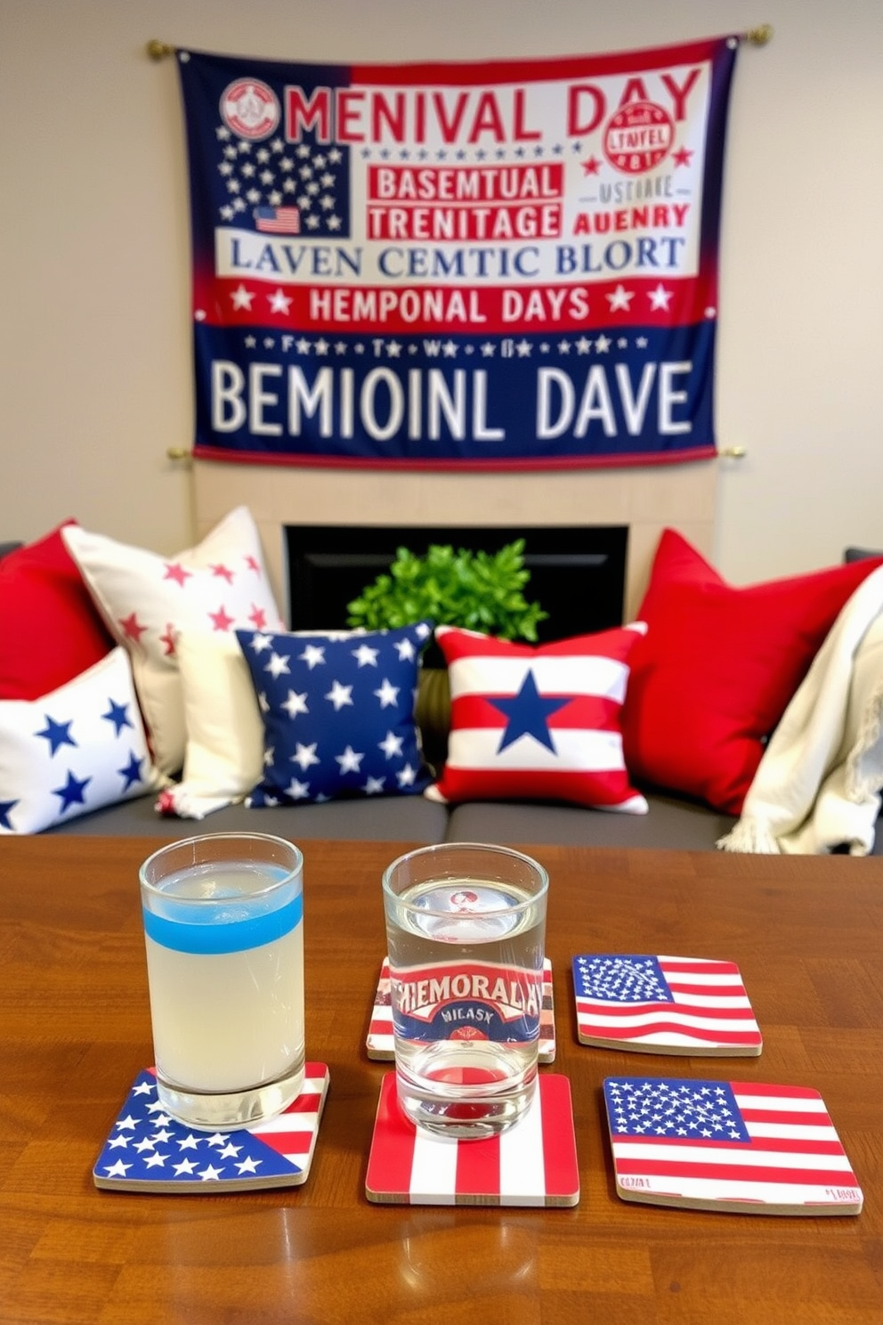 Patriotic themed coasters for drinks. Each coaster features a different design inspired by the American flag, incorporating red, white, and blue colors with stars and stripes. Memorial Day basement decorating ideas. The space is adorned with red, white, and blue accents, including throw pillows and blankets, while a large banner with patriotic messages hangs on the wall.