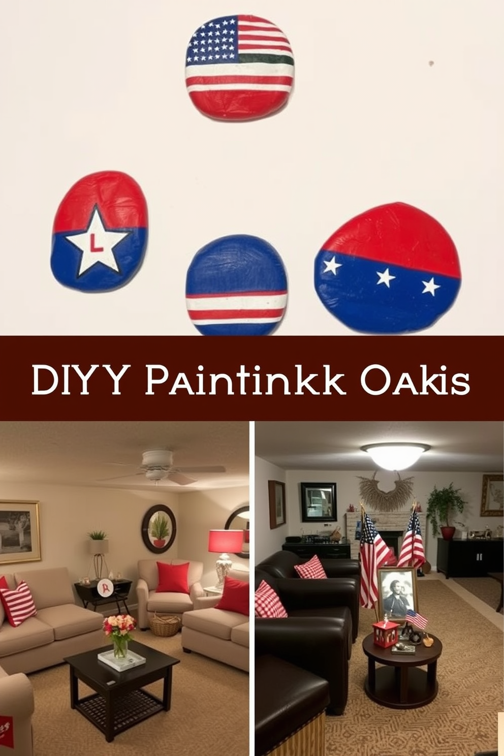 A collection of DIY painted rocks featuring patriotic designs. Each rock showcases vibrant colors and symbols such as stars and stripes, perfect for celebrating national pride. A cozy basement decorated for Memorial Day. The space features red, white, and blue accents, with comfortable seating and festive decor that honors the spirit of the holiday.