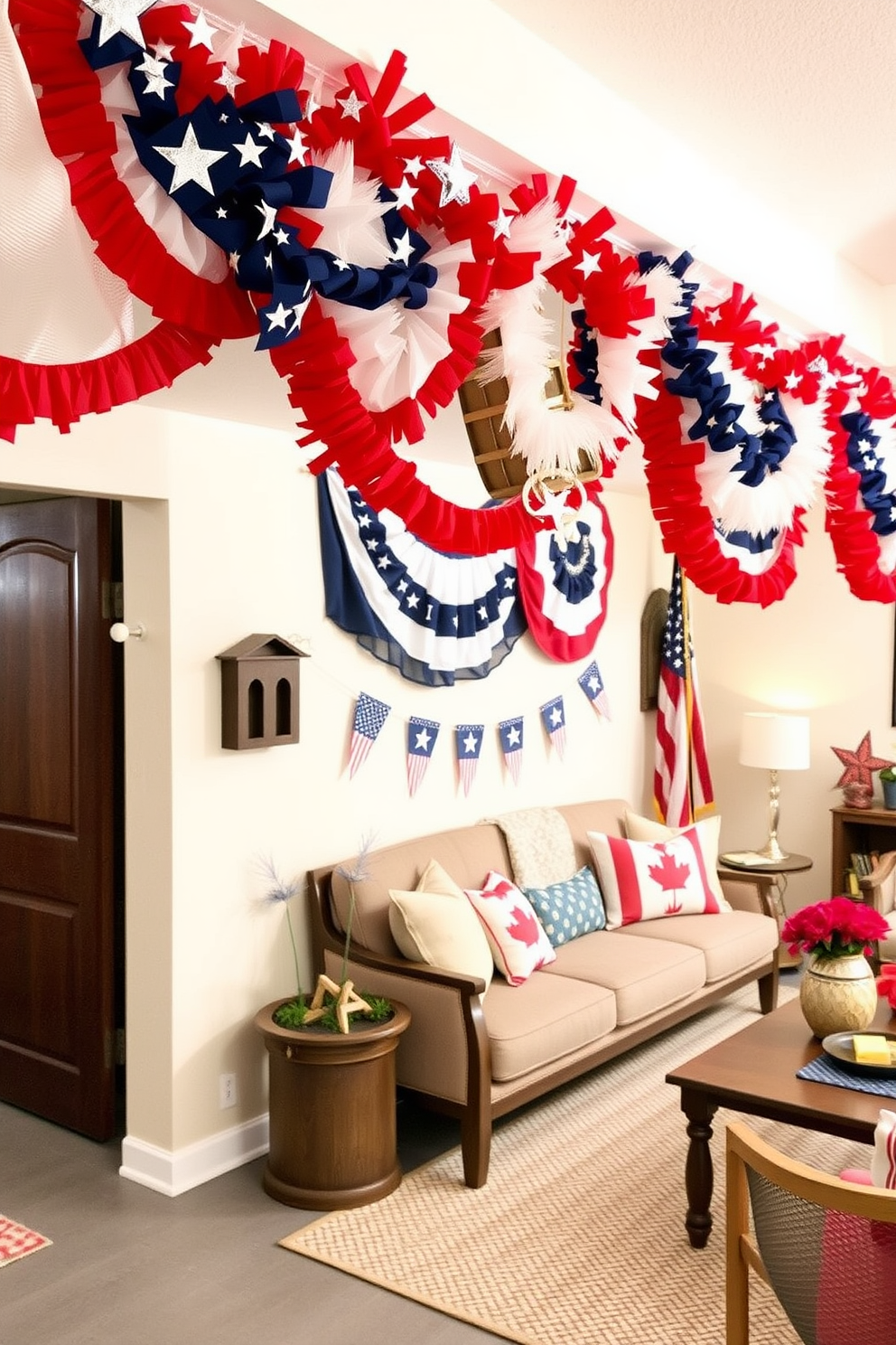 Memorial Day themed garlands for decor. The garlands feature red white and blue colors with stars and stripes accents. Memorial Day basement decorating ideas. The space is adorned with patriotic banners and cozy seating arrangements for gatherings.