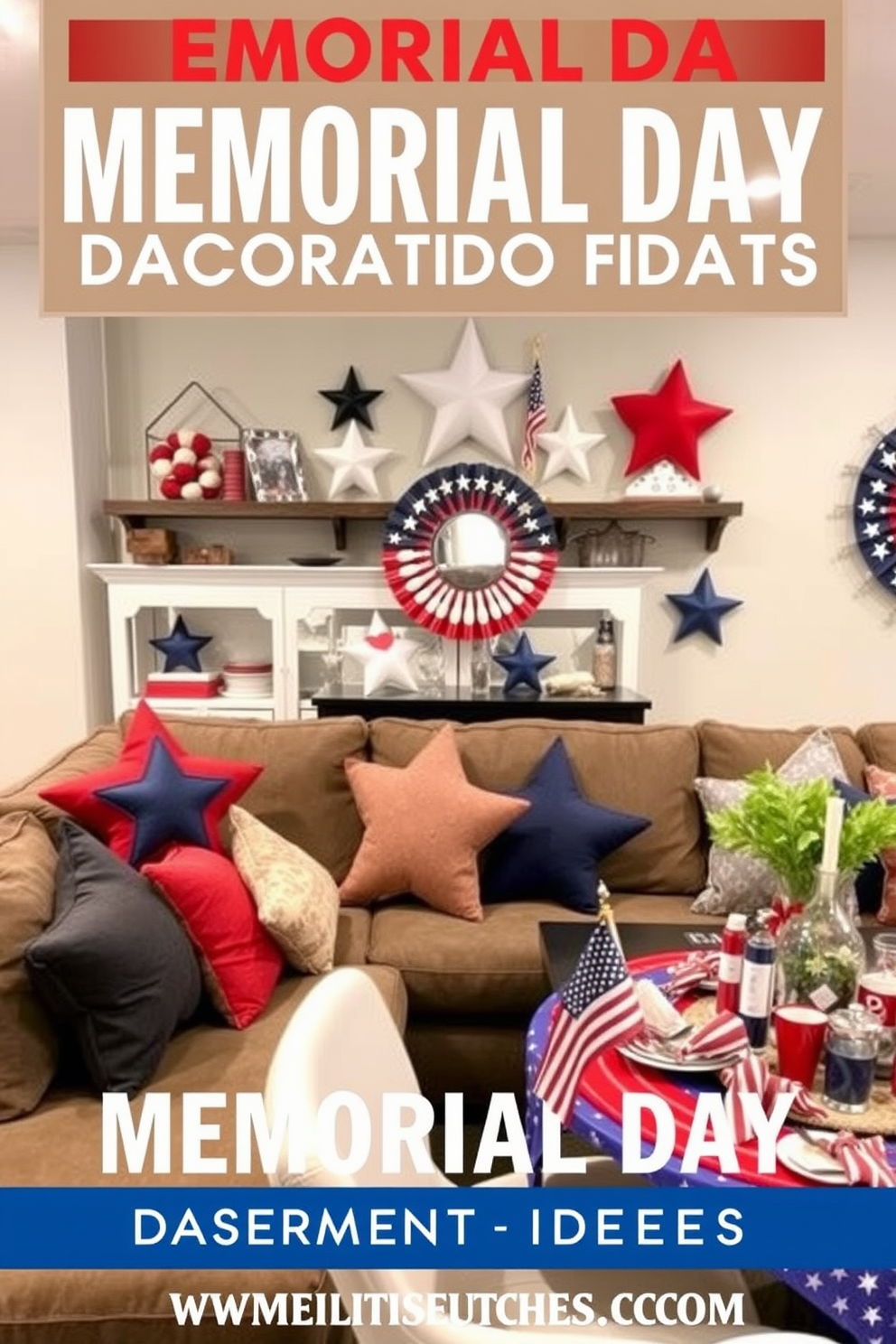 Star shaped decorative pillows for comfort. They are placed on a plush sectional sofa in a cozy basement setting, adding a playful touch to the space. Memorial Day Basement Decorating Ideas. The room features patriotic decorations, including red, white, and blue accents, along with a festive table set for a holiday gathering.