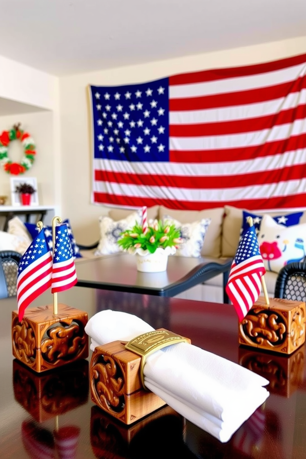 Festive napkin holders with American flags. The napkin holders are crafted from rustic wood with intricate carvings, showcasing vibrant red, white, and blue colors that celebrate the spirit of patriotism. Memorial Day basement decorating ideas. The basement features a cozy lounge area with comfortable seating, adorned with themed cushions and a large American flag draped on the wall, creating a warm and inviting atmosphere for gatherings.