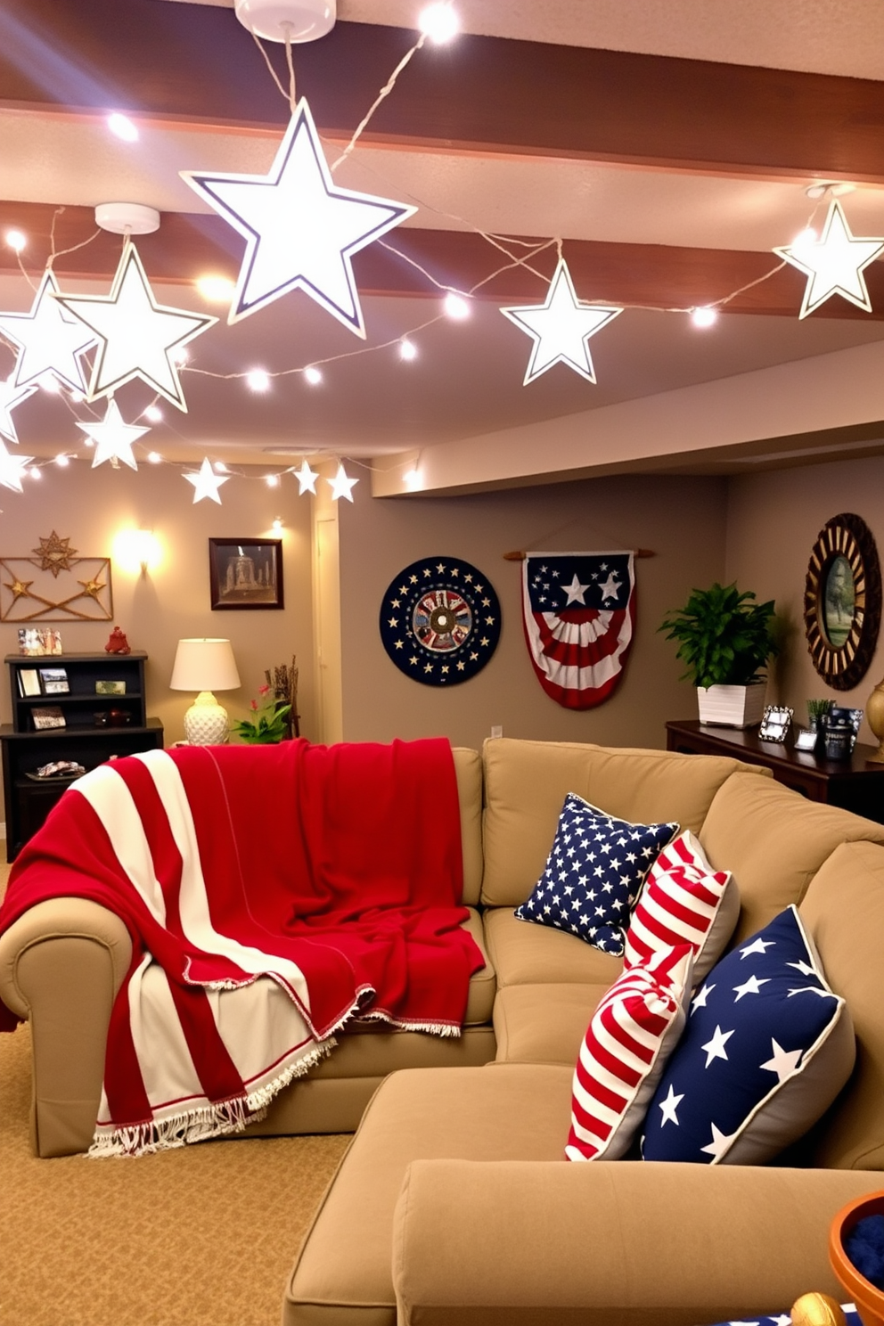 A cozy basement decorated for Memorial Day. Star shaped string lights hang from the ceiling, casting a warm glow over the space, while red, white, and blue accents adorn the furniture and decor. A comfortable seating area features a large sectional sofa draped with patriotic throw blankets. Decorative pillows with stars and stripes complete the inviting ambiance, perfect for gathering with family and friends.