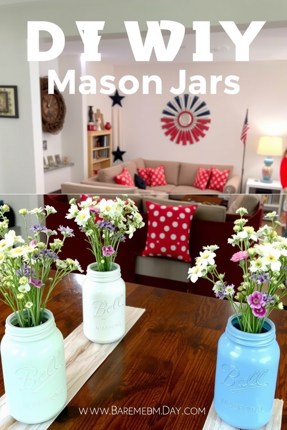 A charming DIY project featuring painted mason jars as centerpieces. Each jar is adorned with a soft pastel color, filled with fresh wildflowers, and arranged on a rustic wooden table. A cozy basement space decorated for Memorial Day. The area features red, white, and blue accents, with a comfortable seating arrangement and patriotic-themed decor enhancing the festive atmosphere.