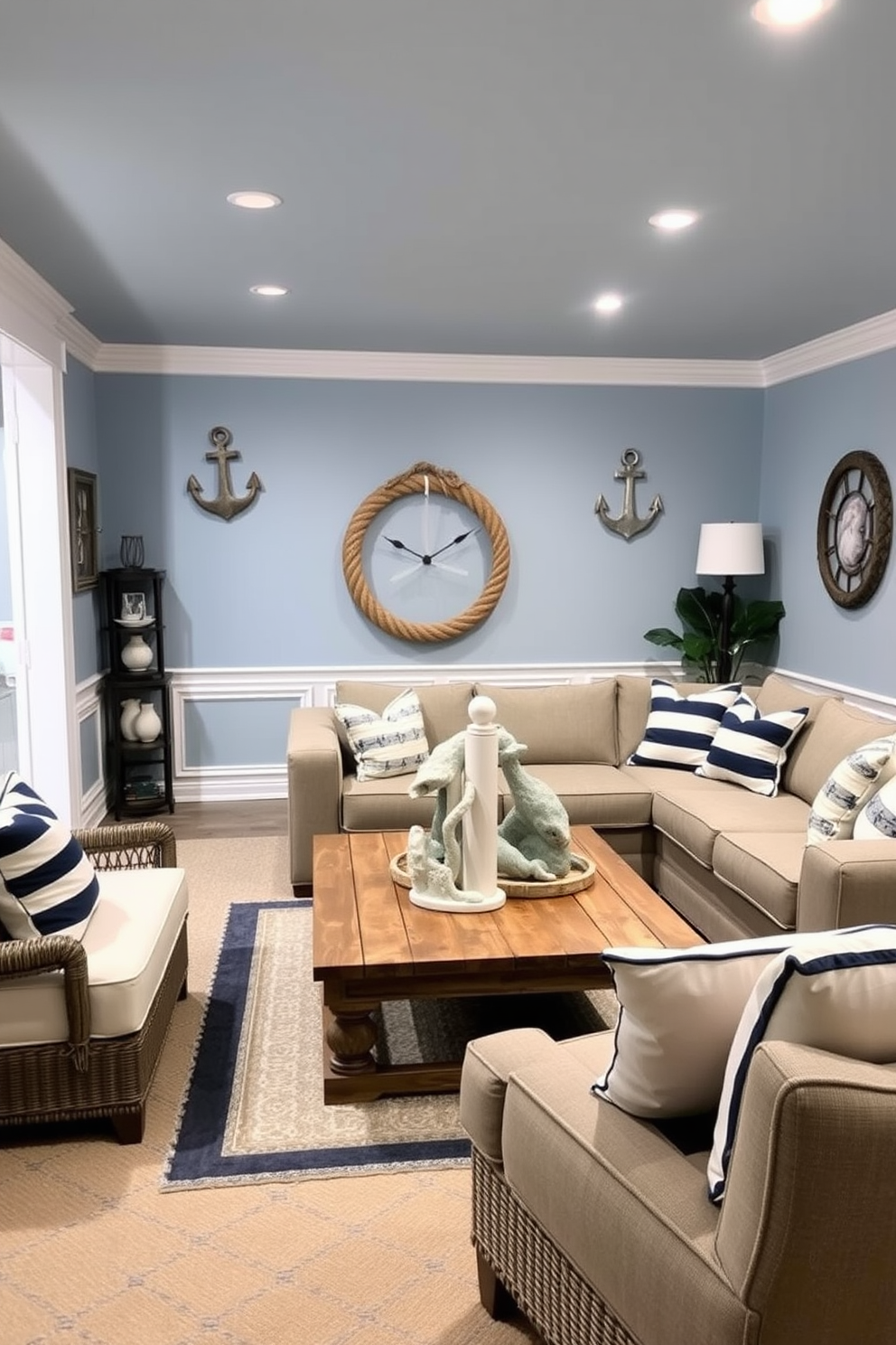 A cozy basement retreat inspired by Memorial Day. The space features a soft blue color palette with white trim and nautical decor, including anchors and ropes adorning the walls. Comfortable seating arrangements include a large sectional sofa with navy and white striped cushions. A rustic coffee table made from reclaimed wood sits at the center, surrounded by decorative items that evoke a seaside atmosphere.