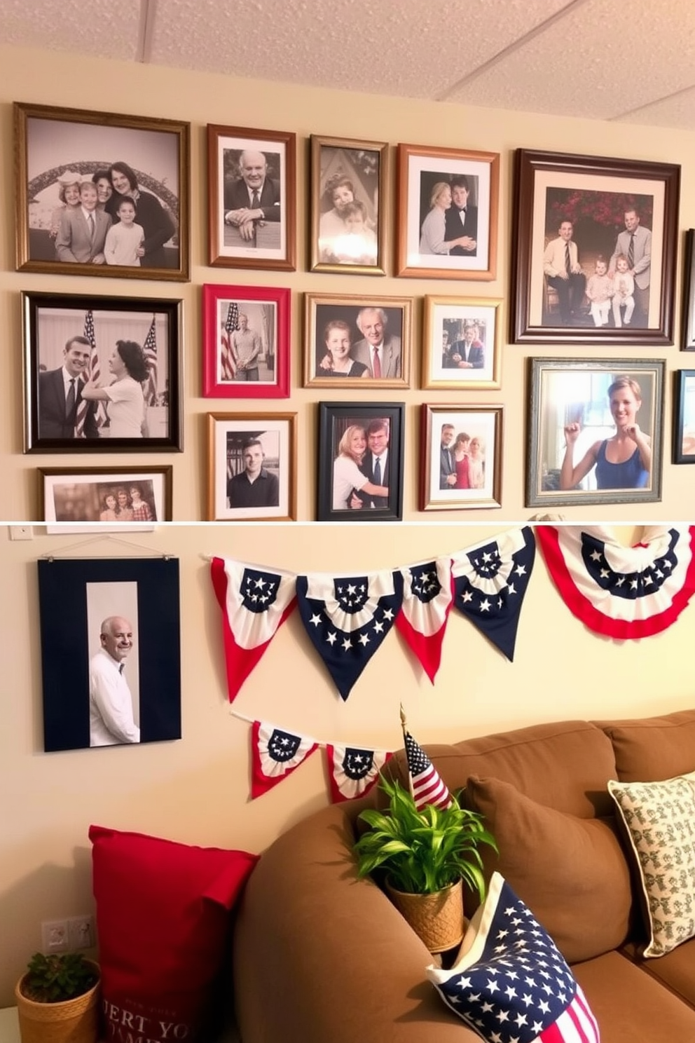 A gallery wall dedicated to Memorial Day features a collection of framed photos capturing moments of remembrance and celebration. The arrangement includes patriotic colors with red white and blue accents creating a heartfelt tribute. The basement is transformed into a cozy gathering space for Memorial Day festivities. Decor elements include vintage flags bunting and comfortable seating arrangements that invite relaxation and conversation.