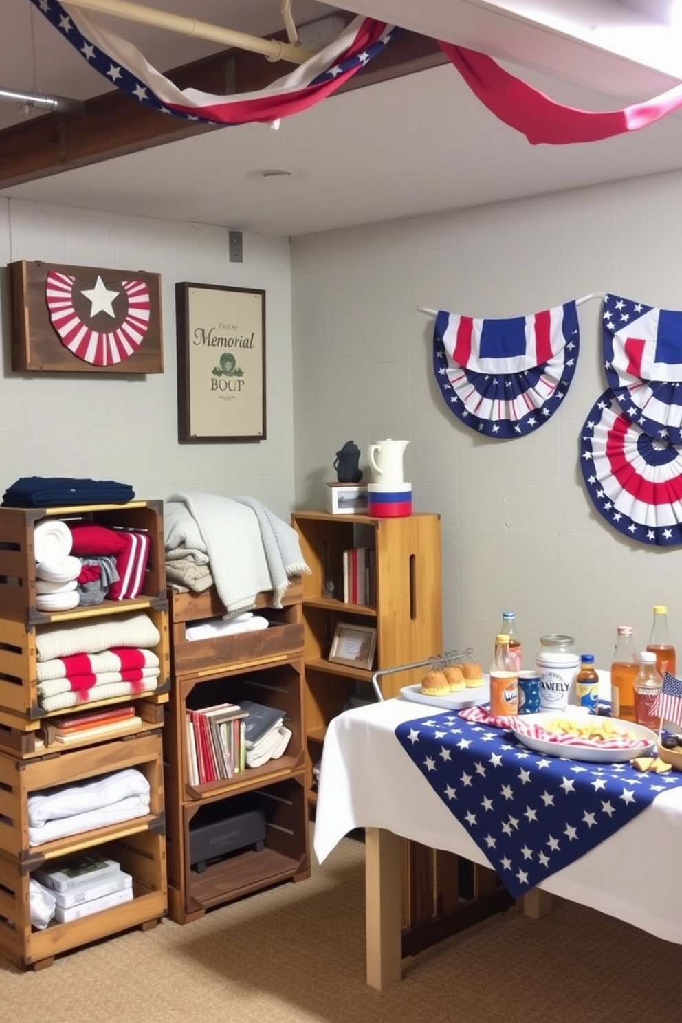 A cozy basement space featuring rustic wooden crates used for storage. The crates are stacked in a corner, filled with blankets and books, creating a warm and inviting atmosphere. For Memorial Day, the basement is decorated with red, white, and blue accents. Patriotic banners hang on the walls, and a festive table is set up with themed snacks and drinks.