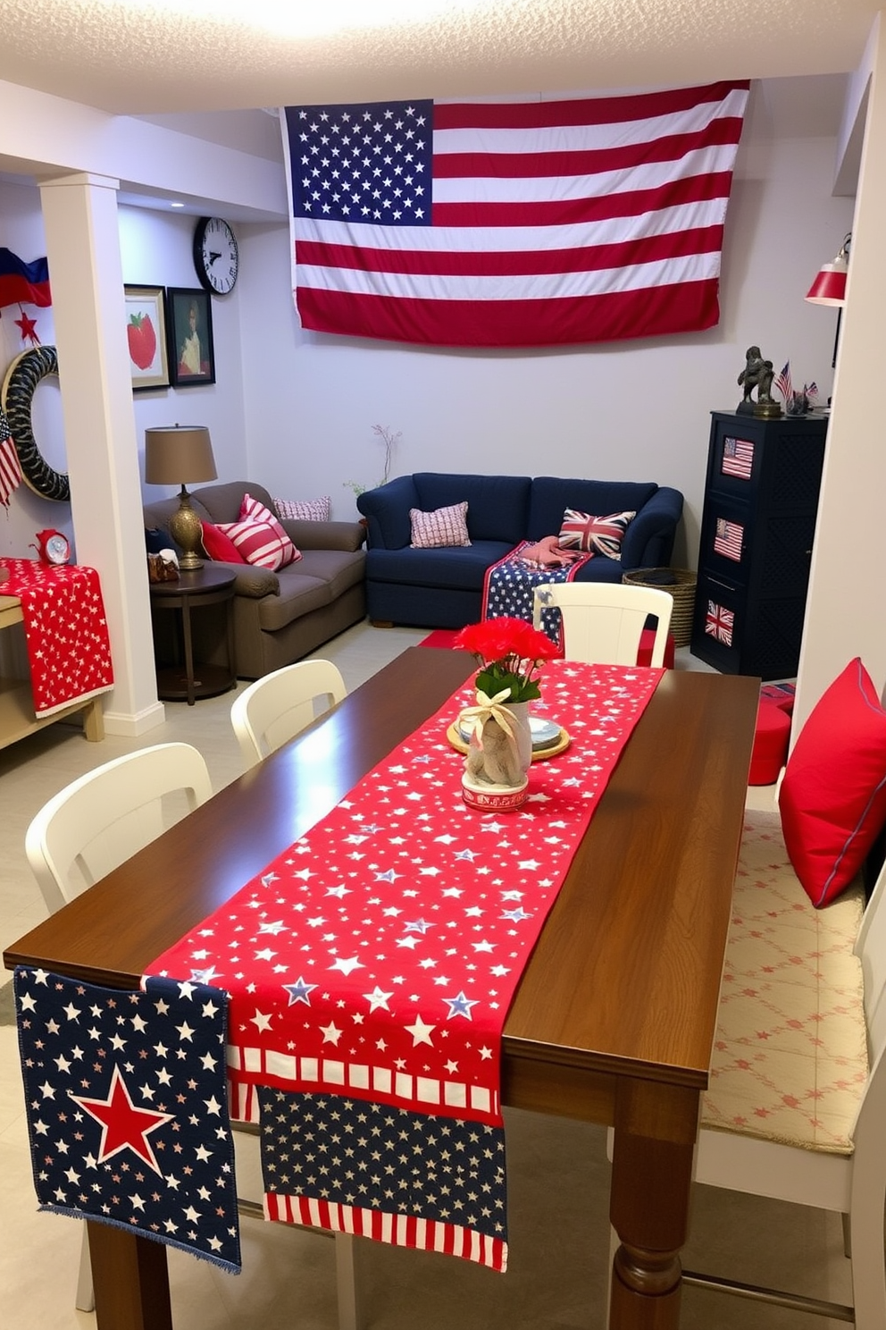 A collection of table runners featuring vibrant patriotic patterns in red white and blue. Each runner showcases stars and stripes in various designs perfect for a festive Memorial Day celebration. A cozy basement space decorated for Memorial Day with comfortable seating and themed decor. The walls are adorned with red white and blue accents and a large American flag hangs prominently.