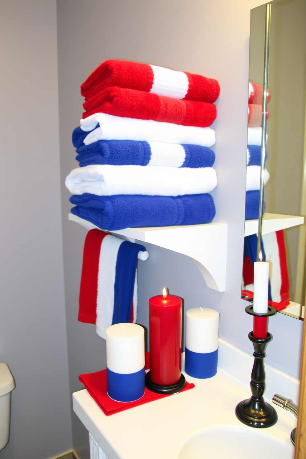 A Memorial Day-themed bathroom featuring red, white, and blue towel sets. The towels are neatly folded and placed on a white shelf, with red towels on the bottom, white in the middle, and blue on top, creating a patriotic display. The bathroom walls are painted a soft gray to complement the vibrant towel colors. A matching set of red, white, and blue candles is arranged on the countertop, adding a festive touch to the decor.