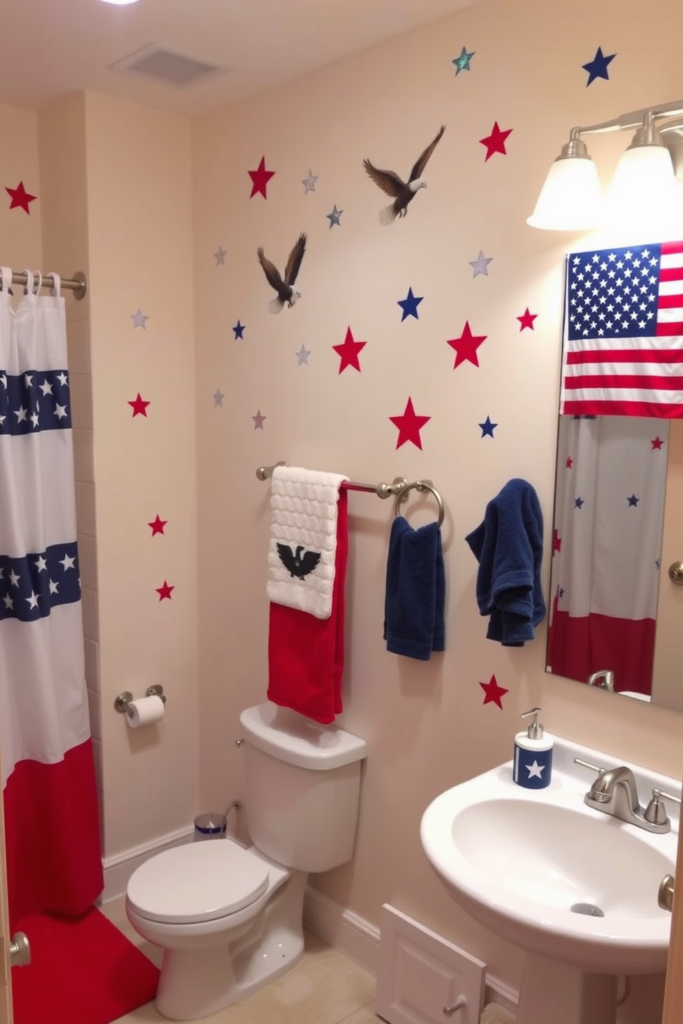 Create a patriotic bathroom ambiance with Memorial Day-themed wall decals. Adorn the walls with decals of American flags, stars, and eagles, creating a festive and honoring atmosphere. Incorporate Memorial Day bathroom decorating ideas by using red, white, and blue towels, rugs, and shower curtains. Add small decorative elements such as star-shaped soap dispensers and flag-themed toothbrush holders to complete the look.