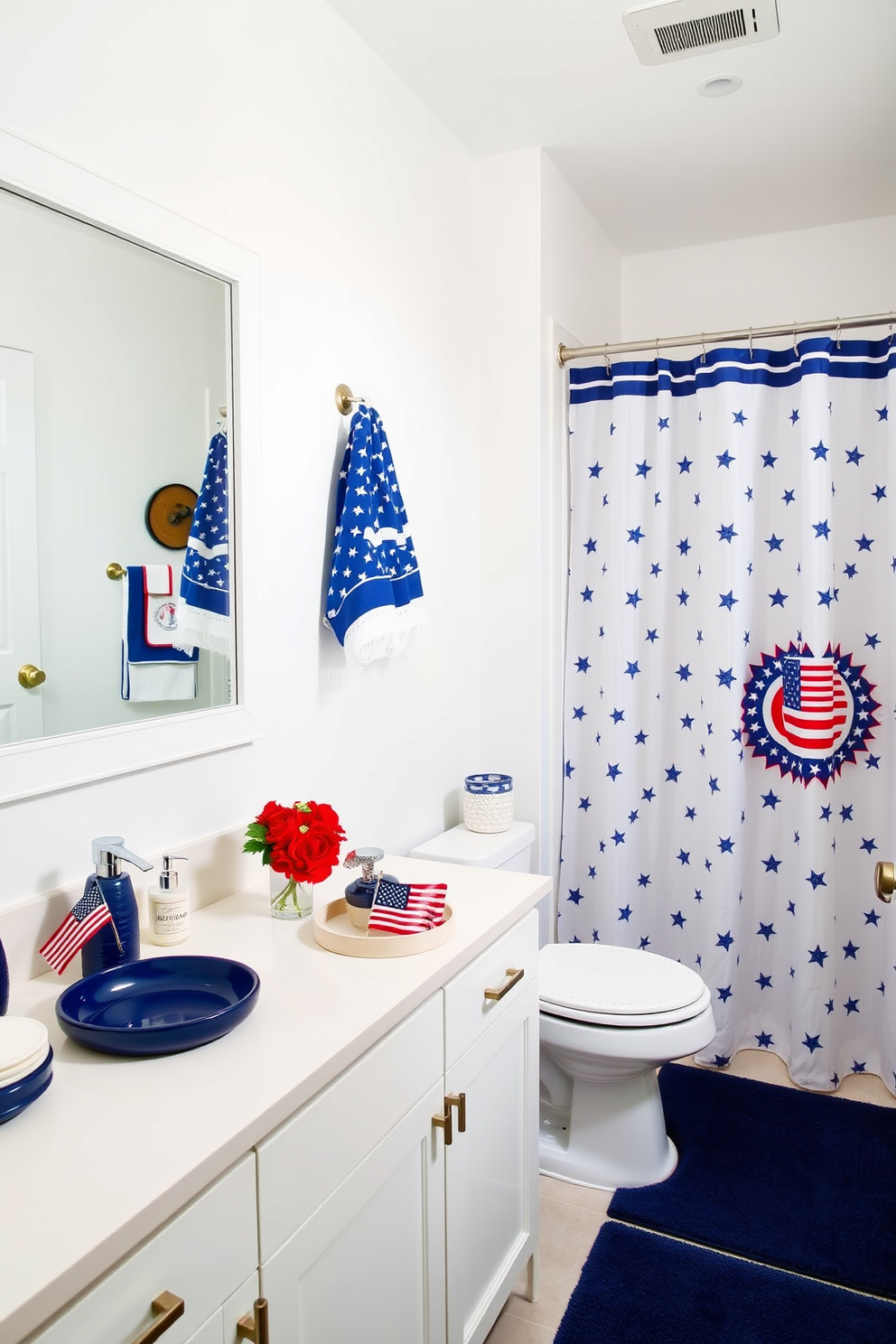 A serene bathroom oasis. Blue and white ceramic accessories adorn the countertop, including a soap dish, toothbrush holder, and a decorative tray. The walls are painted a soft white, providing a clean backdrop for the vibrant blue accents. A large mirror with a white frame hangs above a sleek white vanity, enhancing the room's airy feel. A festive Memorial Day bathroom. Red, white, and blue decorations are tastefully incorporated, with star-spangled towels hanging on the rack and a patriotic-themed shower curtain. Small American flag accents are placed on the vanity, along with a vase of fresh red and white flowers. The floor is covered with a navy blue rug, completing the holiday-inspired look.