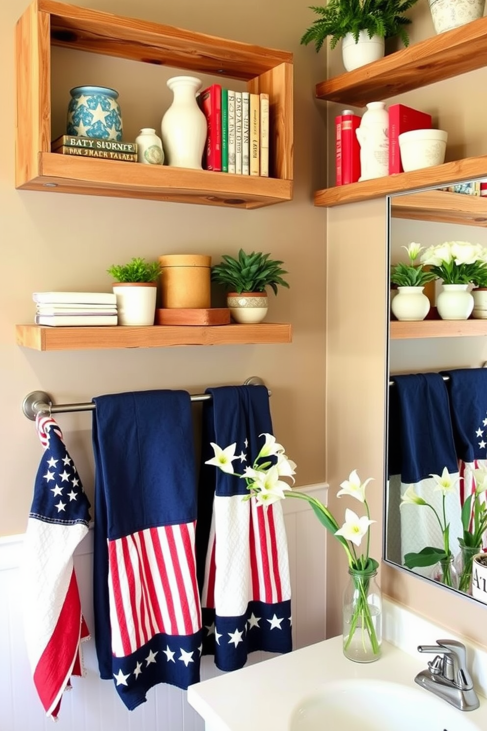 Rustic wooden shelves adorn the wall, their rough-hewn edges adding a touch of natural charm to the space. Each shelf is filled with a curated collection of vintage books, ceramic vases, and small potted plants, creating a cozy and inviting atmosphere. Celebrate Memorial Day with a bathroom decorated in patriotic hues. A red, white, and blue color scheme is complemented by star-spangled towels, a navy blue shower curtain, and a vase of fresh white lilies on the vanity.