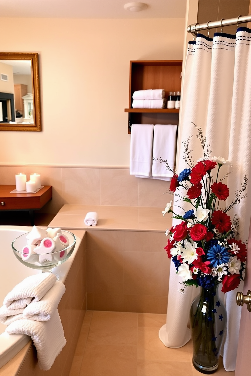 In a luxurious bathroom designed for guests, star-shaped bath bombs are elegantly arranged in a glass bowl next to the bathtub. The room features soft lighting, creating a serene atmosphere, with fluffy white towels neatly folded on a nearby wooden shelf. For Memorial Day bathroom decorating ideas, incorporate red, white, and blue accents with plush towels and decorative candles. A patriotic-themed shower curtain and a vase filled with fresh flowers in coordinating colors complete the festive look.