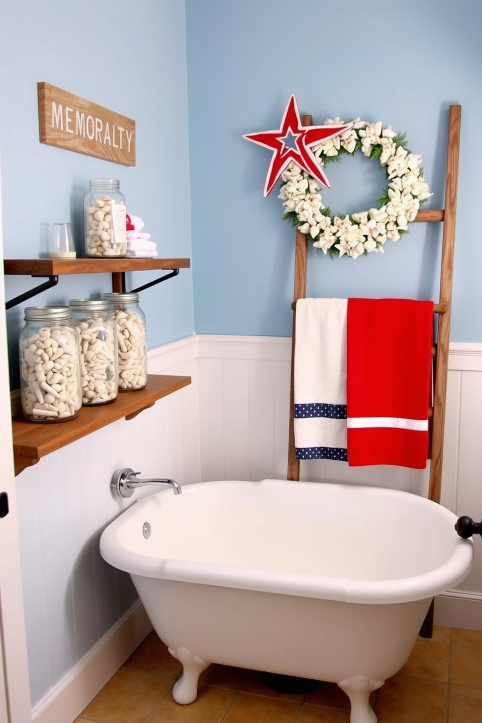 A serene bathroom designed for Memorial Day festivities. Vintage jars filled with seashells are placed on a wooden shelf, evoking a coastal charm. The walls are painted in a soft blue hue, reminiscent of the ocean. Red, white, and blue towels are neatly folded and displayed on a rustic ladder rack. A star-shaped wreath hangs above the bathtub, adding a patriotic touch. The floor is covered with a sandy beige tile, completing the beach-inspired theme.