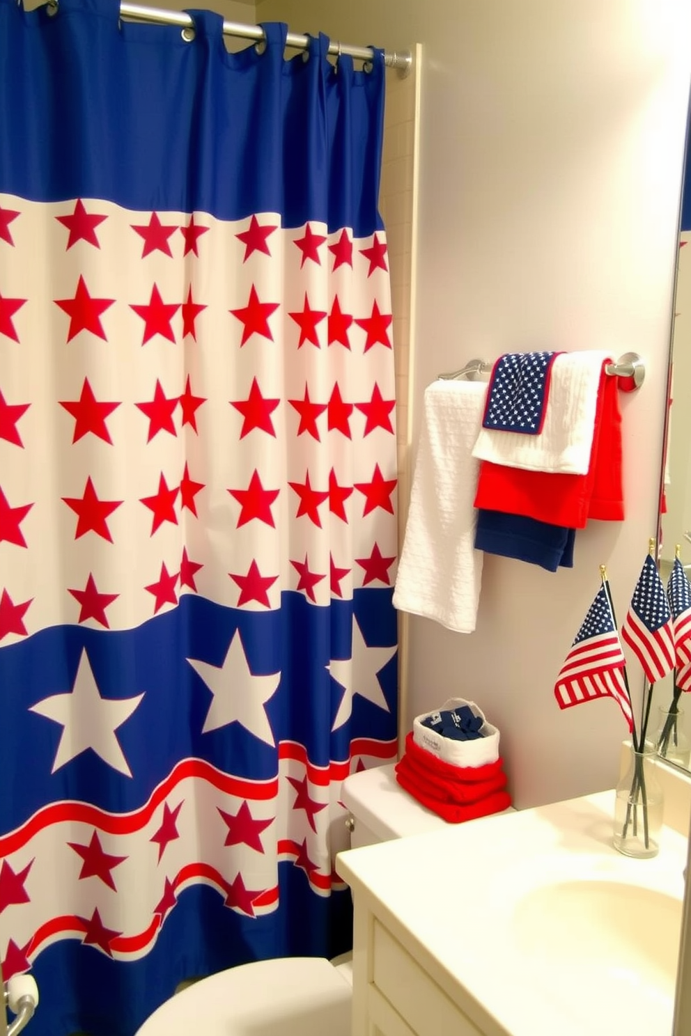 A cozy bathroom with a patriotic theme. The shower curtain features a design of stars in red, white, and blue, creating a festive atmosphere. Memorial Day bathroom decorating ideas. Incorporate red, white, and blue towels, and place small American flags in decorative vases on the countertop.