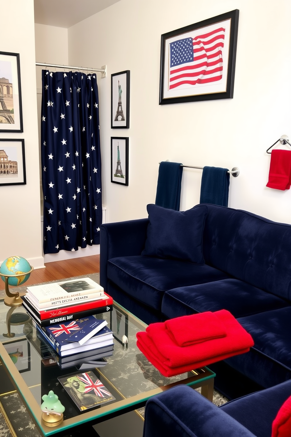 A sophisticated living room featuring themed artwork. The walls are adorned with framed prints of iconic symbols such as the Eiffel Tower, the Statue of Liberty, and the Colosseum. A plush, navy blue sofa sits against the main wall, complemented by a glass coffee table with gold accents. On the coffee table, a stack of travel books and a small globe add to the worldly ambiance. Memorial Day bathroom decorated with patriotic elements. The walls are painted a crisp white, providing a clean backdrop for red and blue accents. A navy blue shower curtain with white stars hangs prominently, while red towels are neatly folded on a chrome towel rack. Above the vanity, a framed print of the American flag adds a touch of national pride.