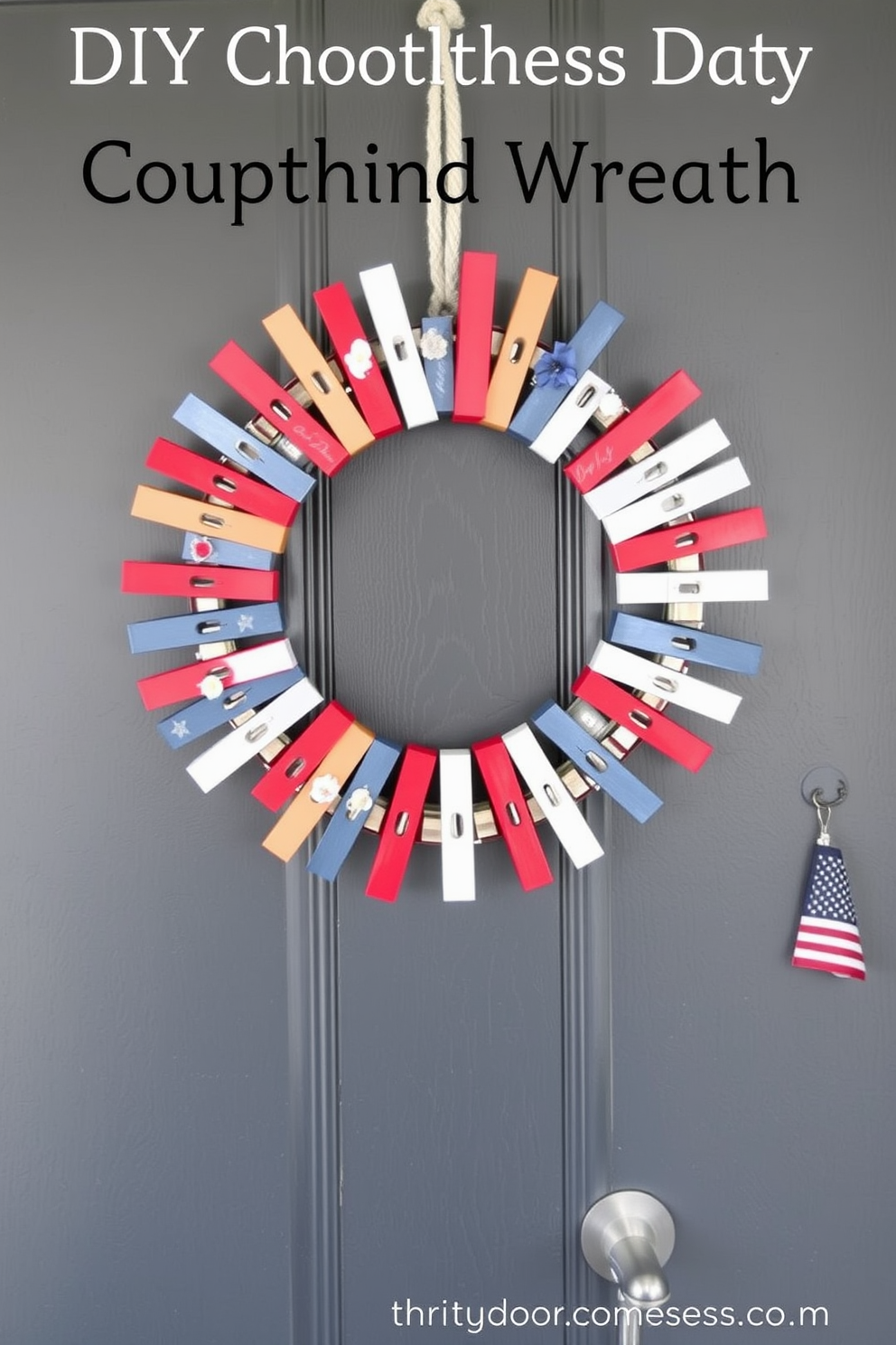 A charming DIY clothespin wreath adorns the front door, crafted from a mix of painted and natural wood clothespins arranged in a circular pattern. The wreath is embellished with small seasonal decorations, such as miniature flowers and ribbons, adding a touch of handmade elegance to the entrance. Celebrate Memorial Day with a bathroom decor theme that honors the occasion, featuring red, white, and blue accents throughout the space. Patriotic hand towels, a star-spangled shower curtain, and a small American flag displayed on the vanity create a festive and respectful ambiance.