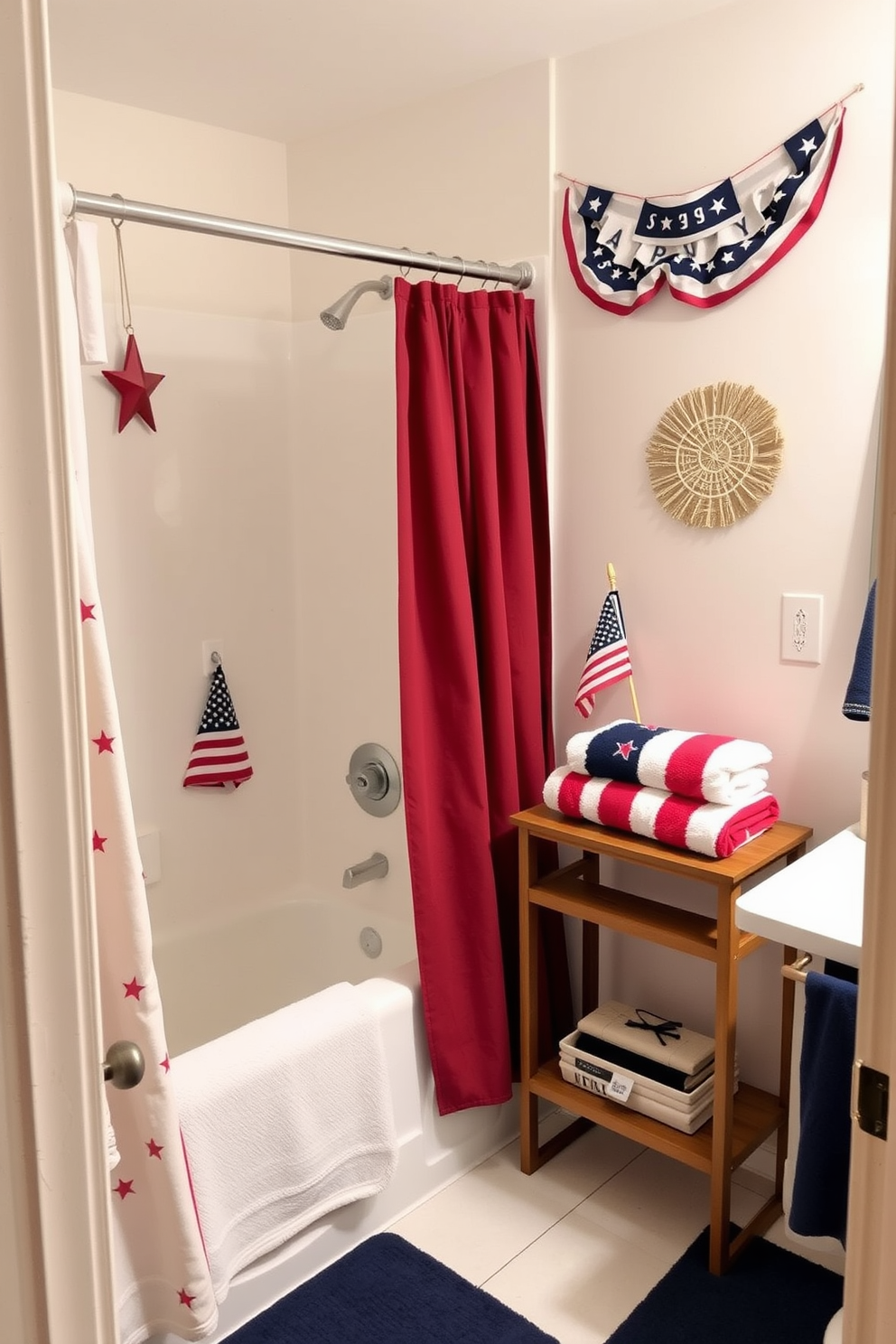 A cozy bathroom with Memorial Day decorations. The shower curtain features star-patterned hooks, adding a patriotic touch to the space. Red, white, and blue towels are neatly folded on a wooden shelf beside the shower. A small American flag is placed in a vase on the countertop, and a festive banner hangs above the mirror. The walls are painted a crisp white, and the floor is adorned with a navy blue rug.