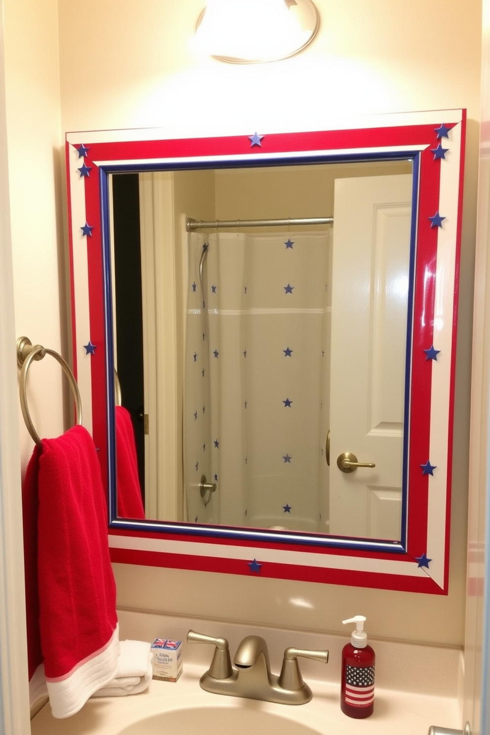 A patriotic-themed bathroom mirror frame featuring a bold design. The frame is adorned with red, white, and blue stripes, accented by small star motifs along the borders, creating a vibrant centerpiece. Memorial Day bathroom decorating ideas incorporating subtle patriotic elements. Decorate with red, white, and blue towels, a star-spangled shower curtain, and small American flag-inspired accessories, such as soap dispensers and toothbrush holders, to honor the holiday.