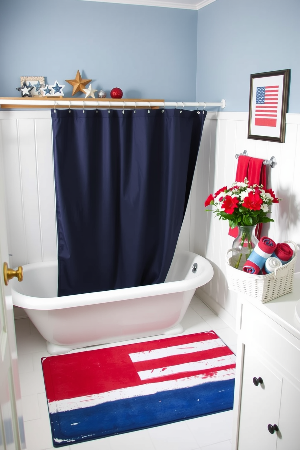 A cozy bathroom with a DIY flag-themed bath mat. The mat features a hand-painted American flag design with vibrant red, white, and blue colors, placed in front of a white clawfoot tub. The walls are painted a soft blue, and above the tub, a rustic wooden shelf displays patriotic decorations such as miniature flags and star-shaped ornaments. A white wicker basket filled with rolled-up towels in red, white, and blue sits beside the tub, adding to the festive atmosphere. For Memorial Day bathroom decorating ideas, consider a serene, inviting space with subtle patriotic touches. The bathroom features white walls and navy blue accents, including a navy shower curtain adorned with white stars. On the countertop, a clear glass vase holds a bouquet of red, white, and blue flowers, bringing a touch of natural beauty. Above the vanity, a framed print of an American flag adds a focal point, while a set of red and blue hand towels provides functional decor.