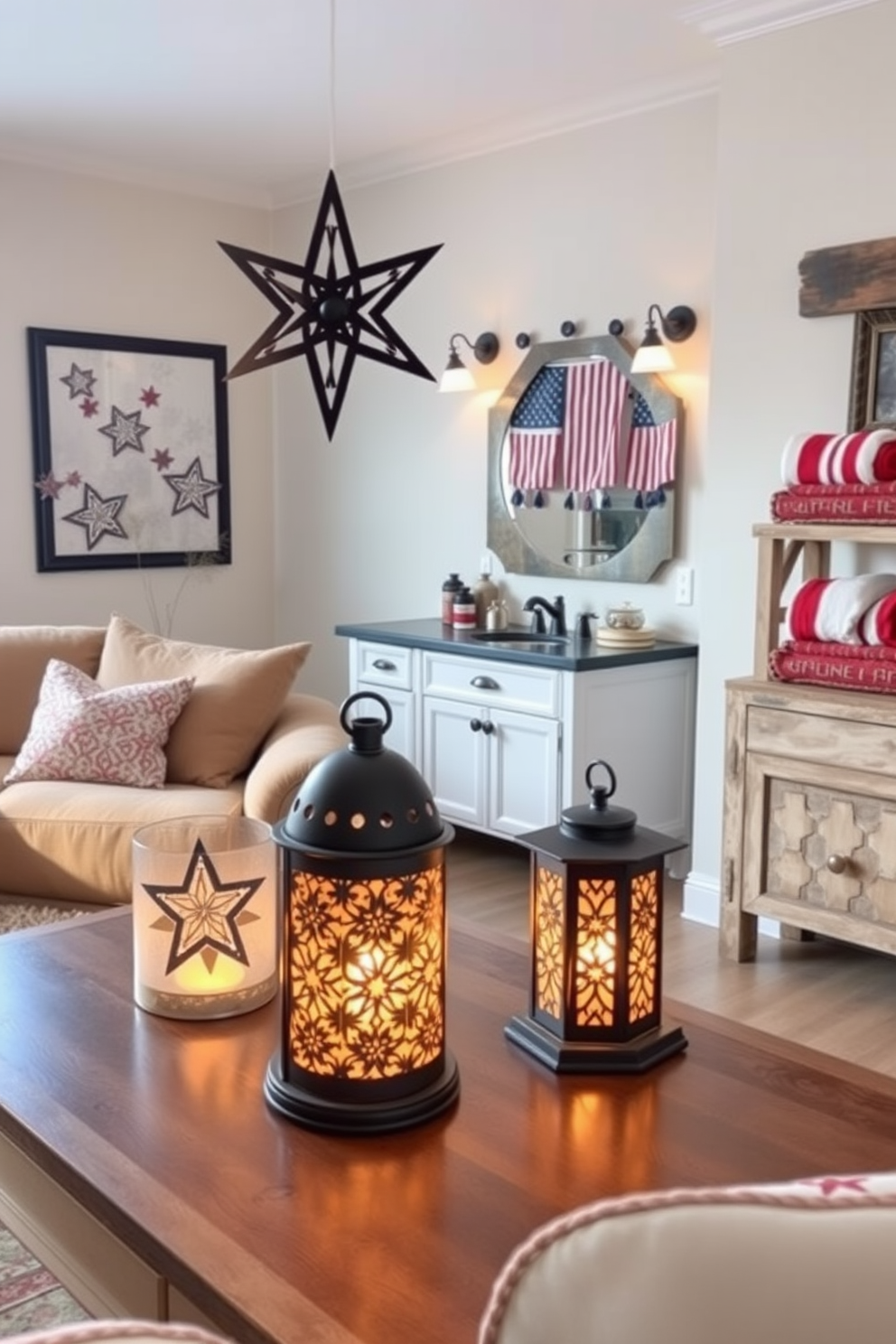 A cozy living room with decorative lanterns featuring intricate star designs. The lanterns are placed on a wooden coffee table, casting warm, patterned shadows across the room, which is decorated with plush, earth-toned furniture and soft, ambient lighting. A patriotic Memorial Day bathroom with red, white, and blue accents. The space includes a white vanity with a navy-blue countertop, a large mirror adorned with small American flags, and towels in patriotic colors neatly arranged on a rustic wooden shelf.