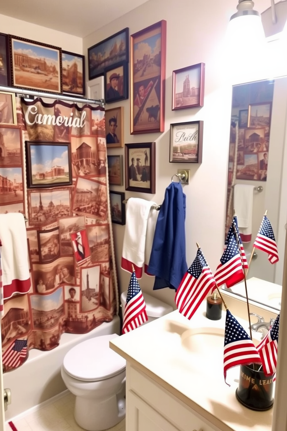 A cozy bathroom adorned with vintage Americana wall art prints. The walls are covered with framed prints of classic American landscapes and historical landmarks, creating a nostalgic and patriotic ambiance. A festive bathroom decorated for Memorial Day. Red, white, and blue towels hang from the towel racks, and small American flags are placed in decorative vases on the countertop, complementing the patriotic-themed shower curtain and bath mat.