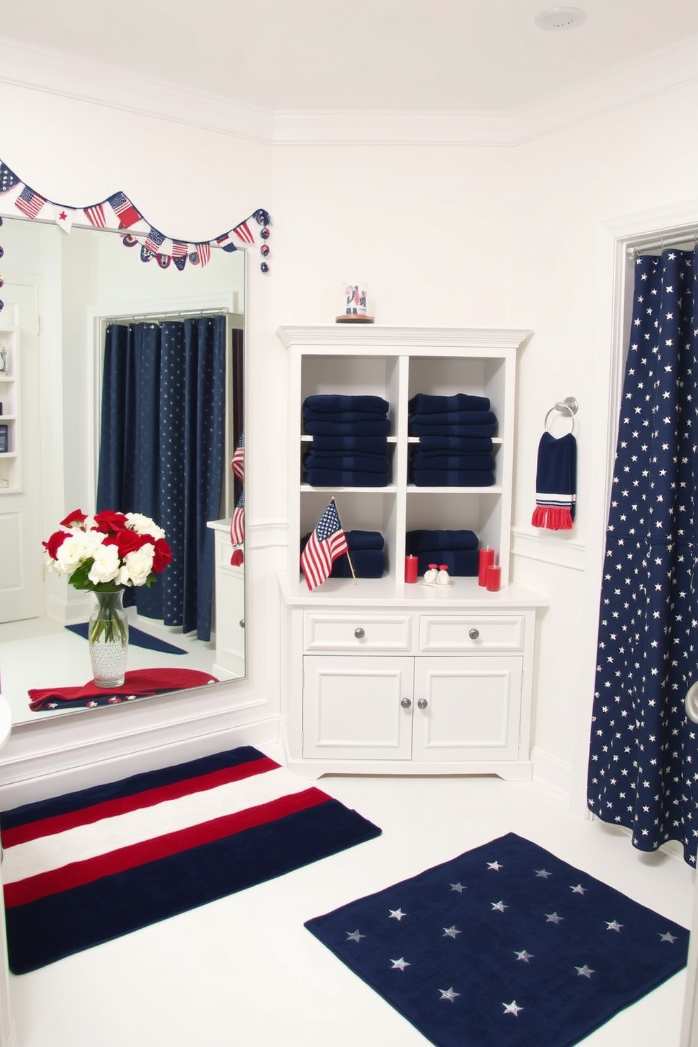 A Memorial Day-themed bathroom adorned with star-spangled banner garland. The garland is draped elegantly along the top of a large mirror, adding a patriotic touch to the space. The bathroom features white walls and navy blue accents, creating a crisp and clean look. A red, white, and blue striped rug lies on the floor, complementing the garland and enhancing the festive atmosphere. On the vanity, a vase filled with red and white flowers sits next to a small American flag. Navy blue towels are neatly folded and placed on open shelves, tying the color scheme together. The shower curtain displays a subtle star pattern, echoing the theme without overwhelming the space. Small decorative elements, such as star-shaped soap dishes and patriotic-colored candles, complete the look.