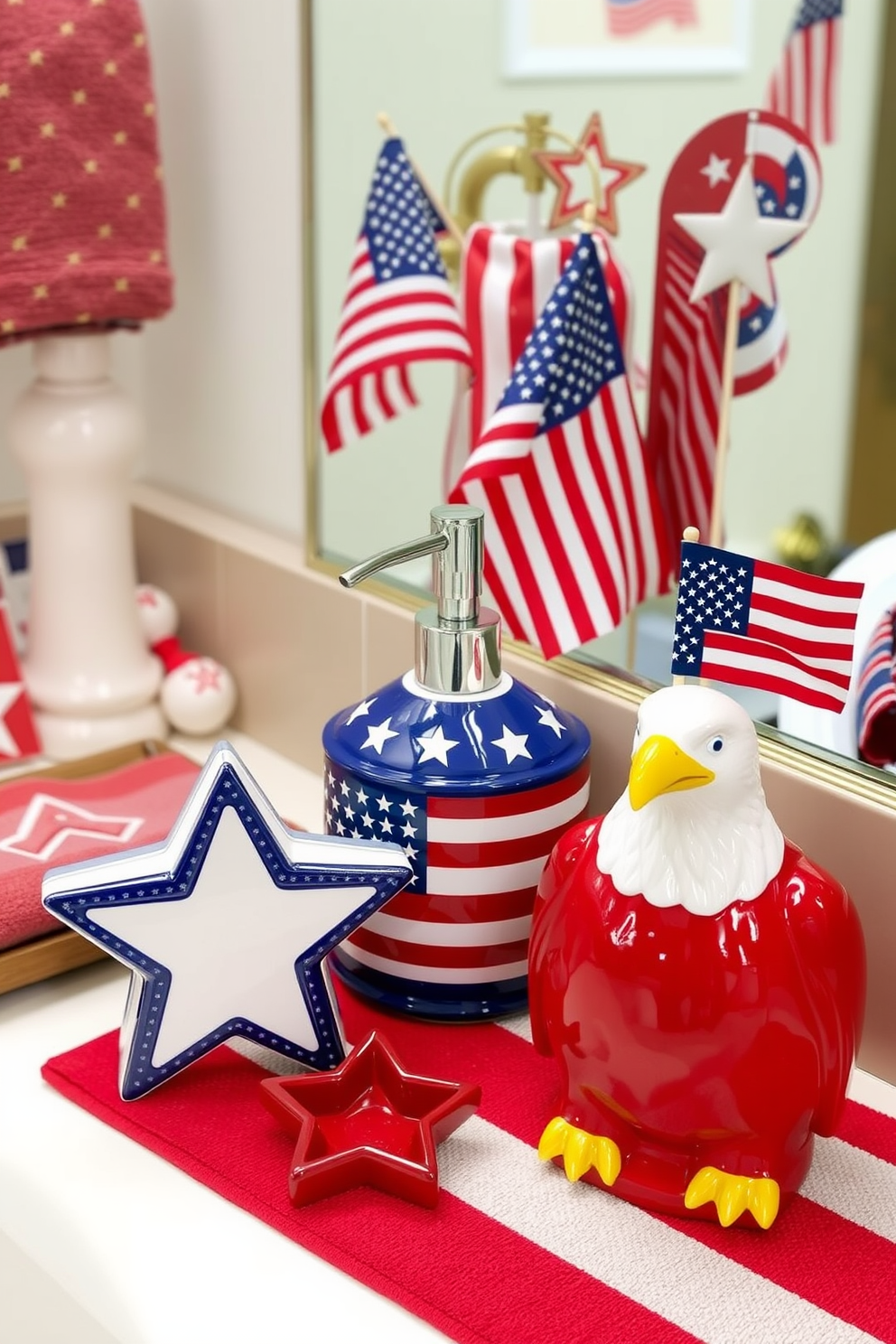 A patriotic-themed soap dispenser set. The set features three dispensers, each adorned with stars and stripes in vibrant red, white, and blue colors. One dispenser is shaped like a star, another like a flag, and the third like a bald eagle. The set is made of durable ceramic and has a glossy finish. Memorial Day bathroom decorating ideas. Incorporate red, white, and blue accents throughout the bathroom using towels, rugs, and shower curtains. Add small American flags in decorative vases on the countertop and shelves. Use star-shaped soap dishes and patriotic-themed wall art to complete the look.