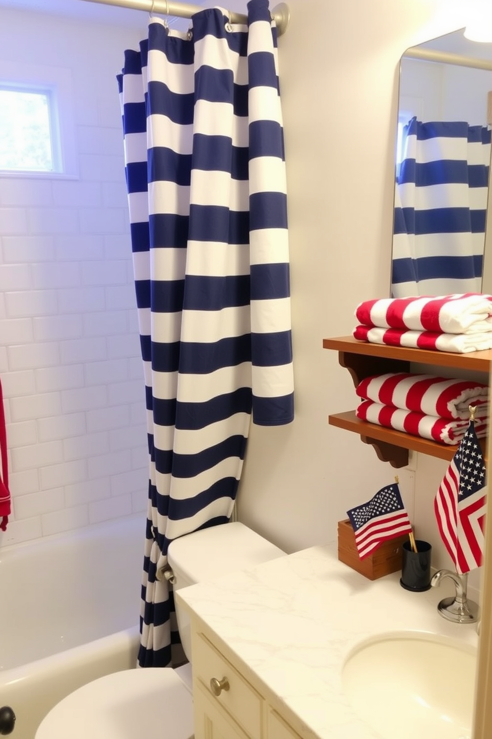 A cozy bathroom adorned with a nautical theme. A shower curtain featuring bold blue and white stripes hangs prominently, complementing the white subway tiles on the walls. For Memorial Day, the bathroom is decorated with patriotic accents. Red, white, and blue towels are neatly folded on the wooden shelves, while a small American flag sits proudly on the marble countertop.