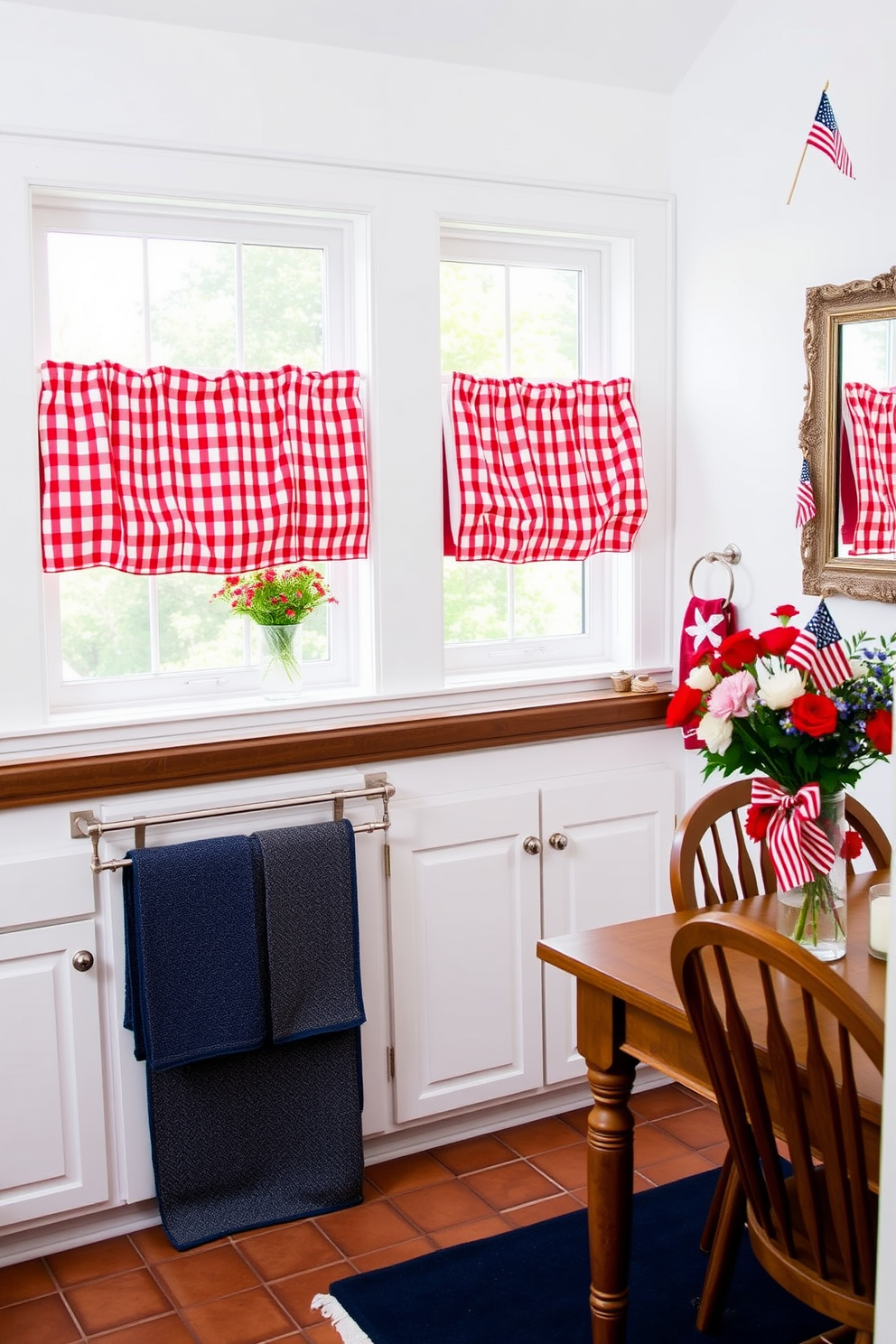 A cozy kitchen setting. The windows are adorned with red gingham fabric window treatments, creating a warm and inviting atmosphere. Below the windows, white cabinets contrast with a dark wooden countertop. A vase of fresh flowers sits on the windowsill, adding a touch of nature to the space. The floor features a rustic terracotta tile, enhancing the country charm of the room. A wooden dining table with matching chairs is set nearby, completing the homely feel. A festive bathroom setup for Memorial Day. The walls are painted a crisp white, providing a clean backdrop for patriotic decorations. Red, white, and blue towels are neatly hung on a silver towel rack, adding a pop of color. Above the vanity, a mirror framed with small American flags brings a celebratory touch. A vase filled with red and blue flowers sits on the countertop, accompanied by a scented candle. The floor is adorned with a navy blue rug, tying the holiday theme together.