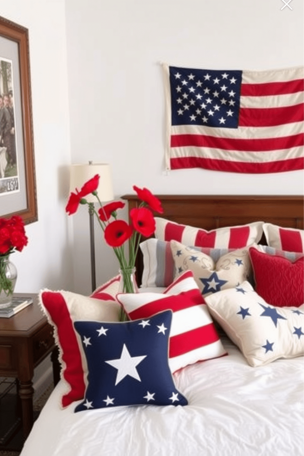 A cozy bedroom with a patriotic theme. The bed is adorned with throw pillows in red, white, and blue, featuring stars and stripes patterns. For Memorial Day, the bedroom is decorated with a mix of vintage and modern elements. A large American flag hangs on the wall above the bed, and a wooden nightstand holds a vase with red poppies, symbolizing remembrance.