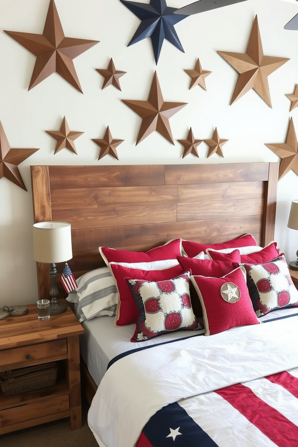 A cozy bedroom decorated for Memorial Day. The room features a large bed with a rustic wooden headboard, adorned with patriotic-themed bedding in red, white, and blue. Above the bed, there are wooden stars of various sizes mounted on the wall, each with a distressed finish for a vintage look. The bedside tables are made of reclaimed wood, each holding a small lamp with a burlap shade and a miniature American flag.