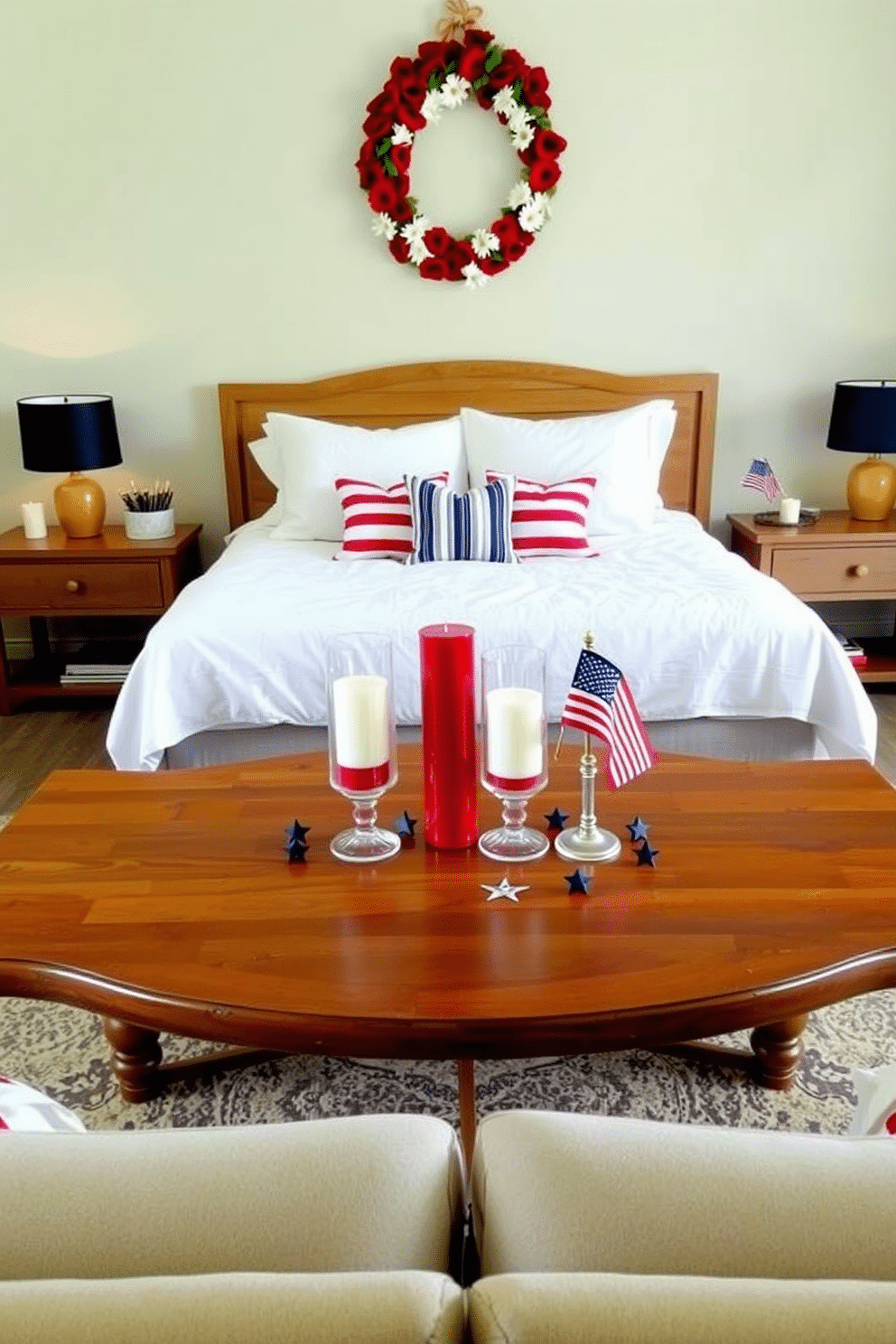 A cozy living room with a patriotic theme. A large wooden coffee table sits in the center, adorned with a trio of candle arrangements in red, white, and blue. The candles are placed in glass holders of varying heights, creating an elegant display. Surrounding the candles are small decorative stars and a miniature American flag, adding a touch of national pride. A serene bedroom decorated for Memorial Day. The bed is dressed in crisp white linens with accent pillows in shades of red and blue. Above the bed, a wreath made of red poppies and white daisies hangs, symbolizing remembrance. On the nightstands, small patriotic-themed decorations, such as miniature flags and star-shaped candles, create a festive yet respectful atmosphere.