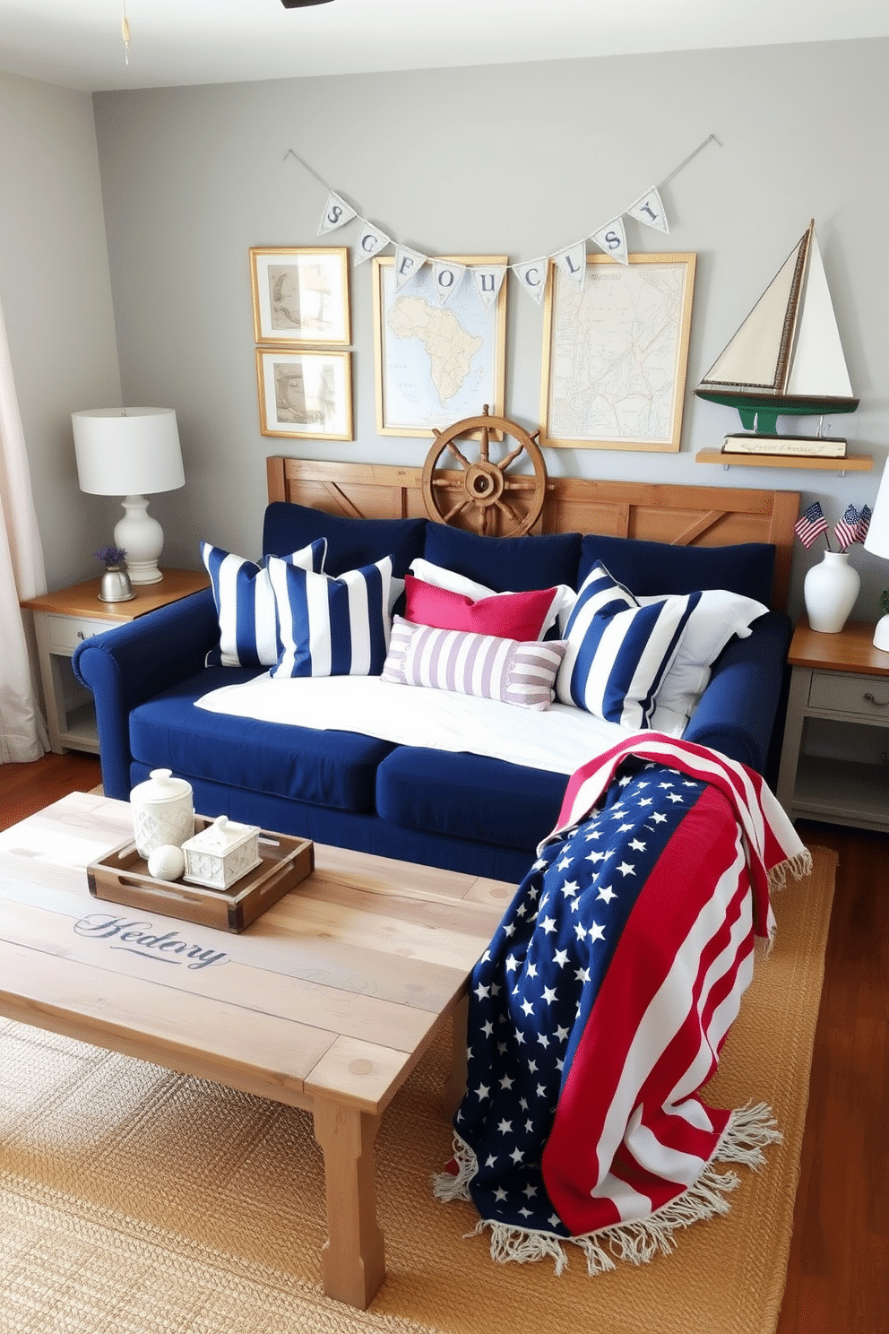 A cozy living room with nautical-themed decor elements. The room features a navy blue sofa adorned with white and blue striped throw pillows, and a coffee table made from reclaimed wood sits in front of it. On the wall behind the sofa, there are framed prints of vintage nautical maps and a large decorative ship wheel. The floor is covered with a beige sisal rug, and a model sailboat is displayed on a nearby shelf. A serene bedroom decorated for Memorial Day. The bed is made with crisp white linens and adorned with red and blue accent pillows. Above the headboard, a patriotic banner featuring stars and stripes hangs, adding a festive touch. On the nightstands, small American flags are placed in decorative vases, and a cozy throw blanket in red, white, and blue is draped over the foot of the bed.