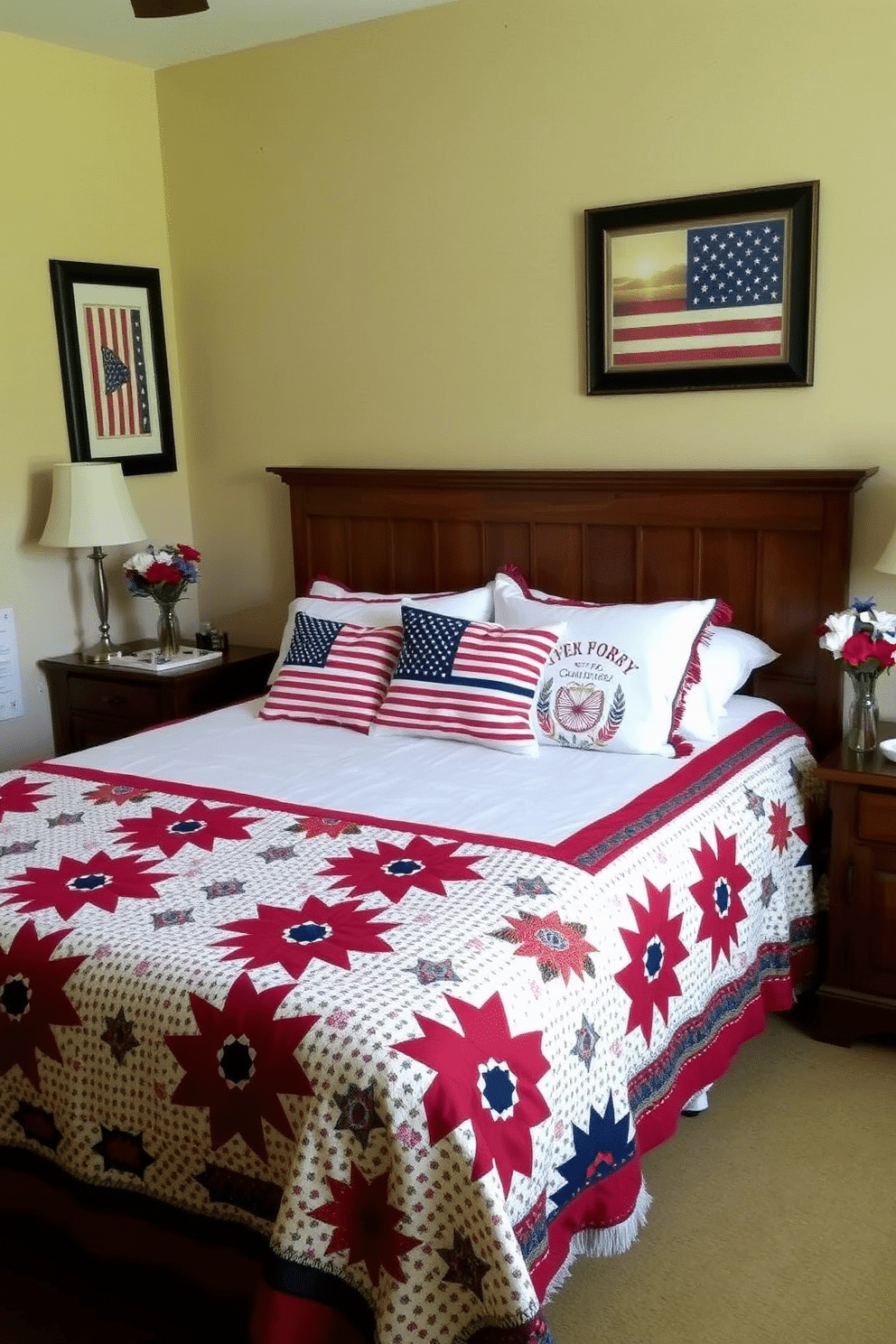 A cozy bedroom decorated for Memorial Day. The bed is adorned with a red, white, and blue quilt, and matching pillows are neatly arranged on top. On each bedside table, there are small vases filled with red, white, and blue flowers, adding a patriotic touch. The walls are painted a soft beige, providing a neutral backdrop for framed American flags and other patriotic decor.