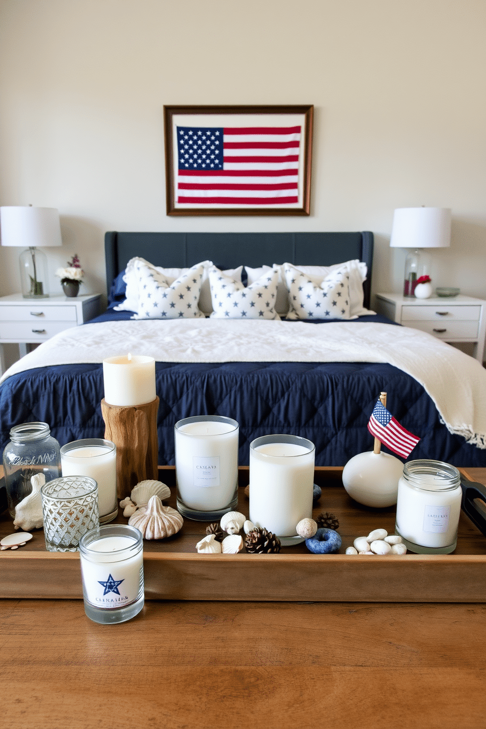 A cozy living room setting. Decorative trays with themed candles are placed on a rustic wooden coffee table. The trays feature a mix of scented candles in glass jars, some with intricate designs and others with smooth, minimalist finishes. Surrounding the candles, small decorative items like seashells, pine cones, and pebbles add a touch of nature and elegance. An inviting bedroom designed for Memorial Day celebrations. The room features a large, comfortable bed with a navy blue quilt and white star-patterned pillows. Above the bed, a framed American flag hangs as a centerpiece. On each bedside table, there are small, patriotic-themed decorations such as miniature flags and red, white, and blue flowers in vases.