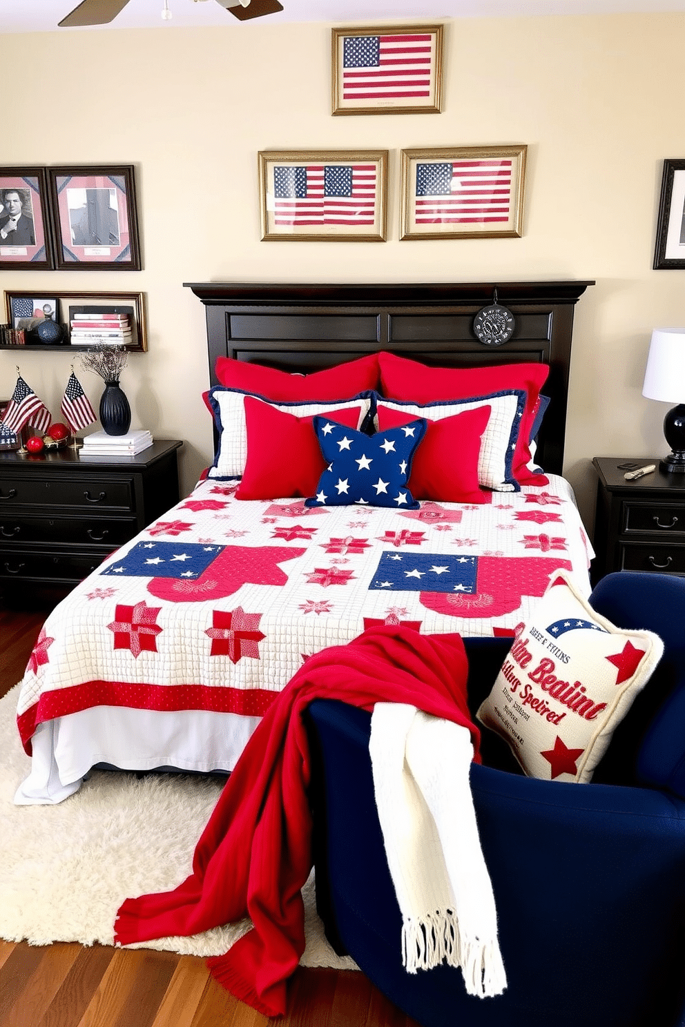 A cozy bedroom decorated for Memorial Day with a patriotic theme. The bed is adorned with a quilt featuring red, white, and blue patterns, while the walls are painted a soft beige to complement the vibrant colors. Above the headboard, a display of framed vintage American flags adds a historical touch. On the bedside tables, small American flags in decorative vases and patriotic-themed books on shelves provide a cohesive look. Red and blue throw pillows with star patterns are arranged neatly on the bed, and a plush white rug lies on the wooden floor. A navy blue armchair in the corner is draped with a red throw blanket, creating a comfortable reading nook.