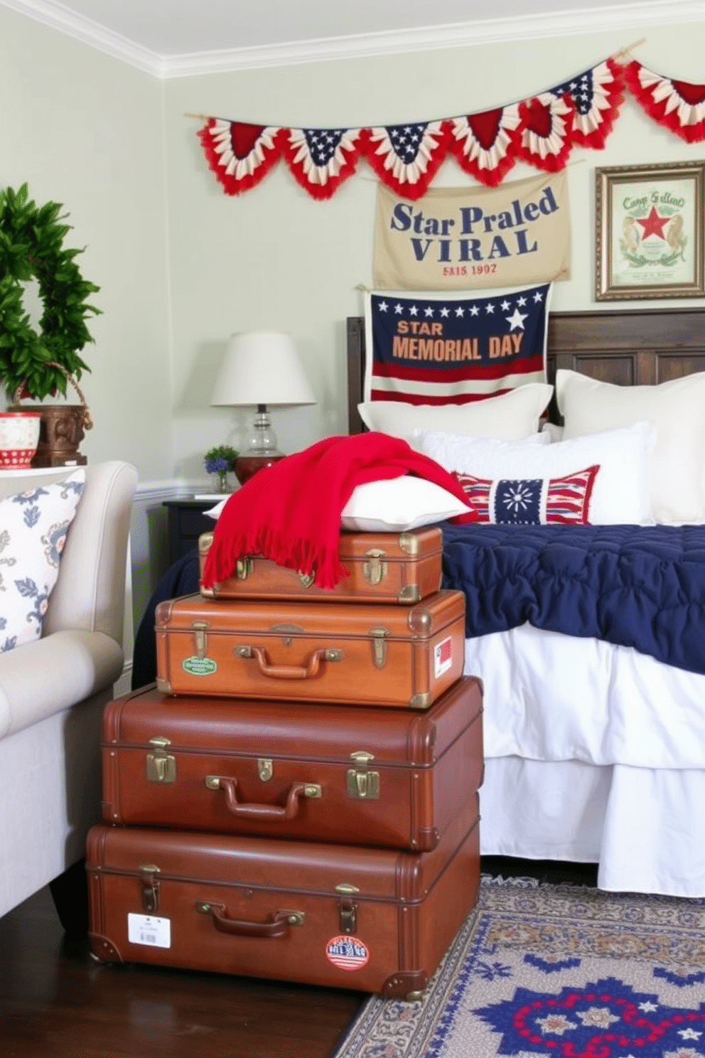 A cozy living room with vintage suitcases stacked to form a charming side table. The suitcases, in various shades of brown leather and canvas, are adorned with travel stickers and brass hardware, adding a touch of nostalgia and adventure to the space. A patriotic bedroom decorated for Memorial Day, featuring a red, white, and blue color scheme. The bed is dressed with a navy blue quilt, white pillows, and a red throw blanket, while American flag bunting hangs above the headboard and a vintage star-spangled banner is framed on the wall.