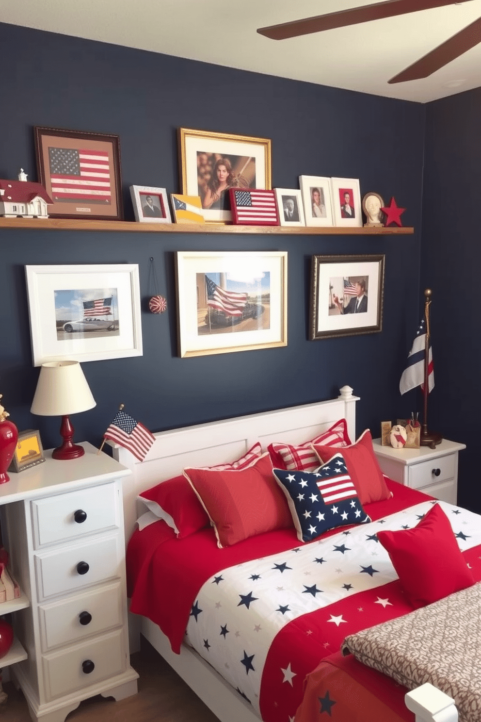 A cozy bedroom decorated for Memorial Day. Wall-mounted shelves display various flag decor items, including framed prints, small flags, and patriotic knick-knacks. The bed is adorned with red, white, and blue bedding, featuring star patterns and American flag pillows. An accent wall is painted navy blue, complementing the white furniture and red accessories throughout the room.